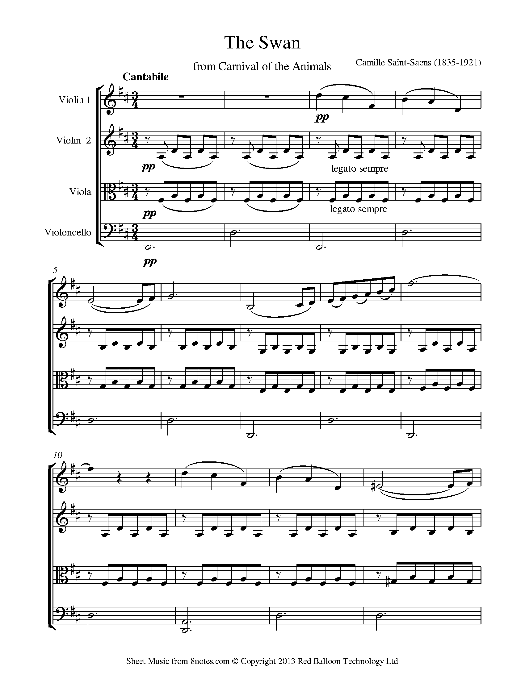 Saint-Saëns - The Swan from Carnival of the Animals Sheet music for String  Quartet 