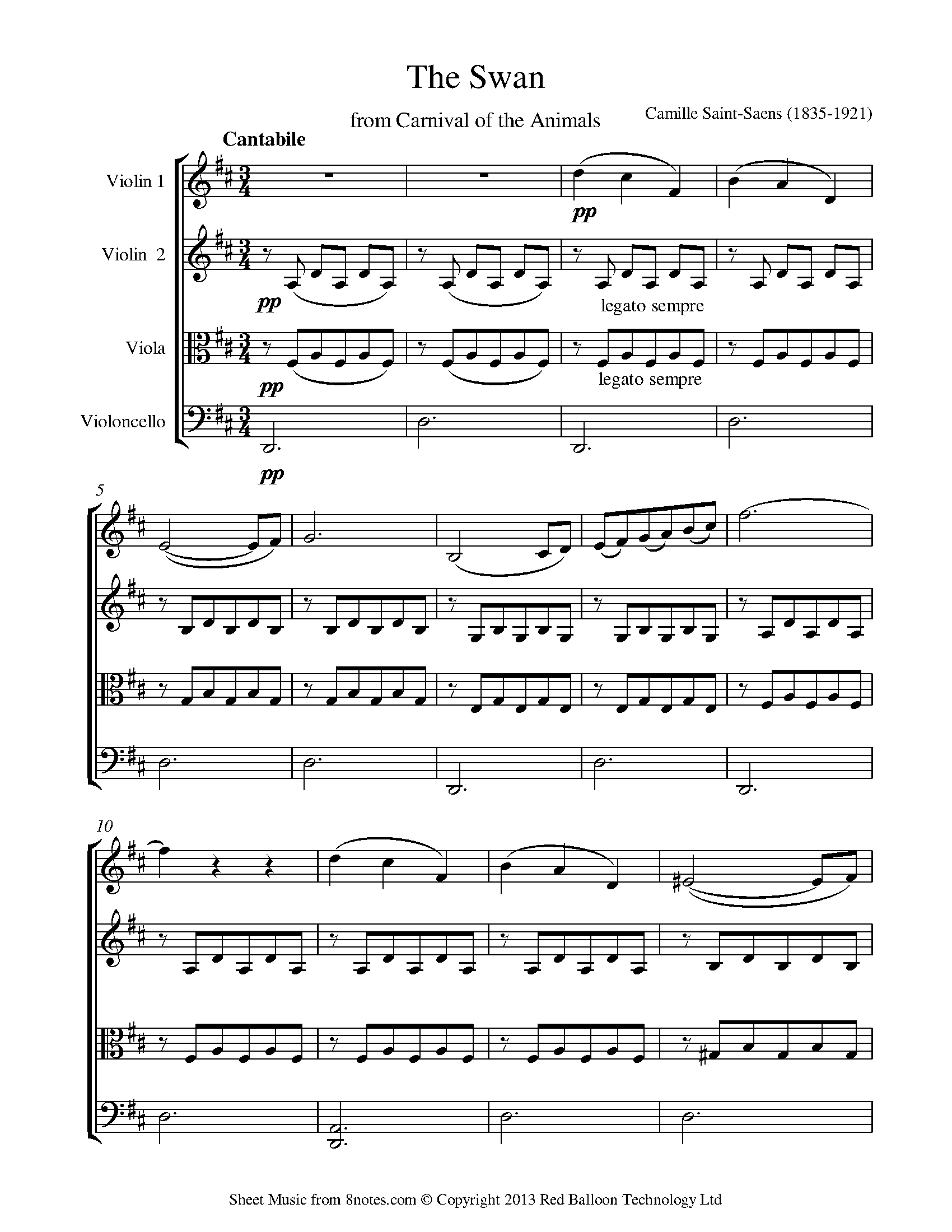 Saint-Saëns - The Swan from Carnival of the Animals Sheet music for String Quartet Saint-Saëns - The Swan from Carnival of the Animals Sheet music for String Quartet