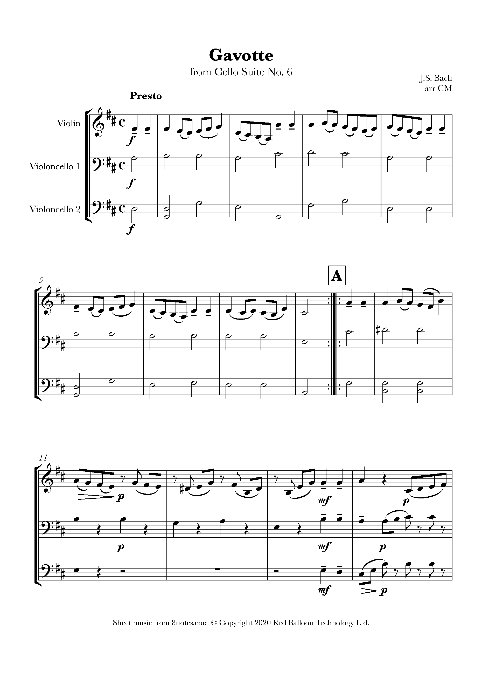 Bach Gavotte from Cello Suite No.6 Sheet music for String trio