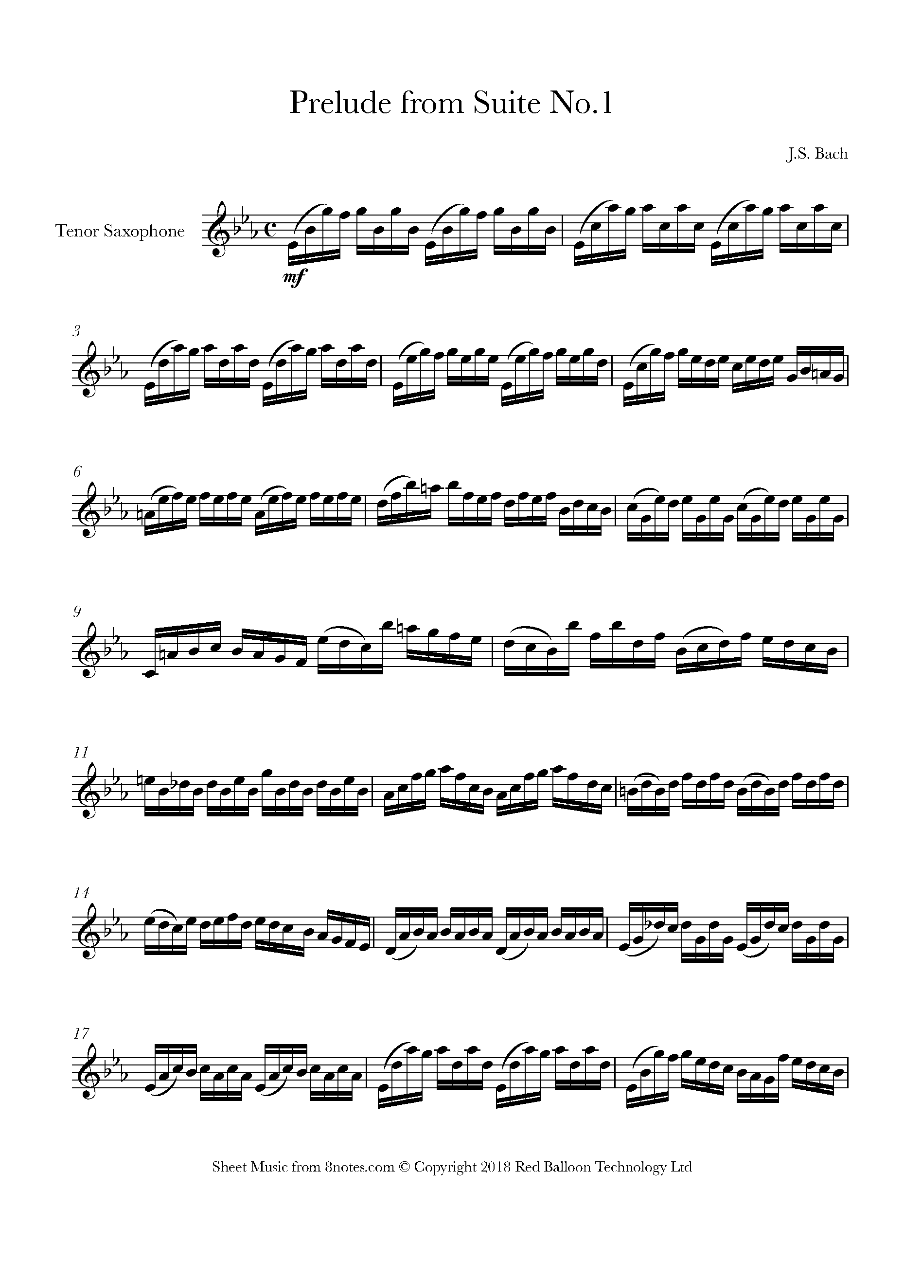 Bach - Prelude from Cello Suite No.1 Sheet music for Tenor Saxophone