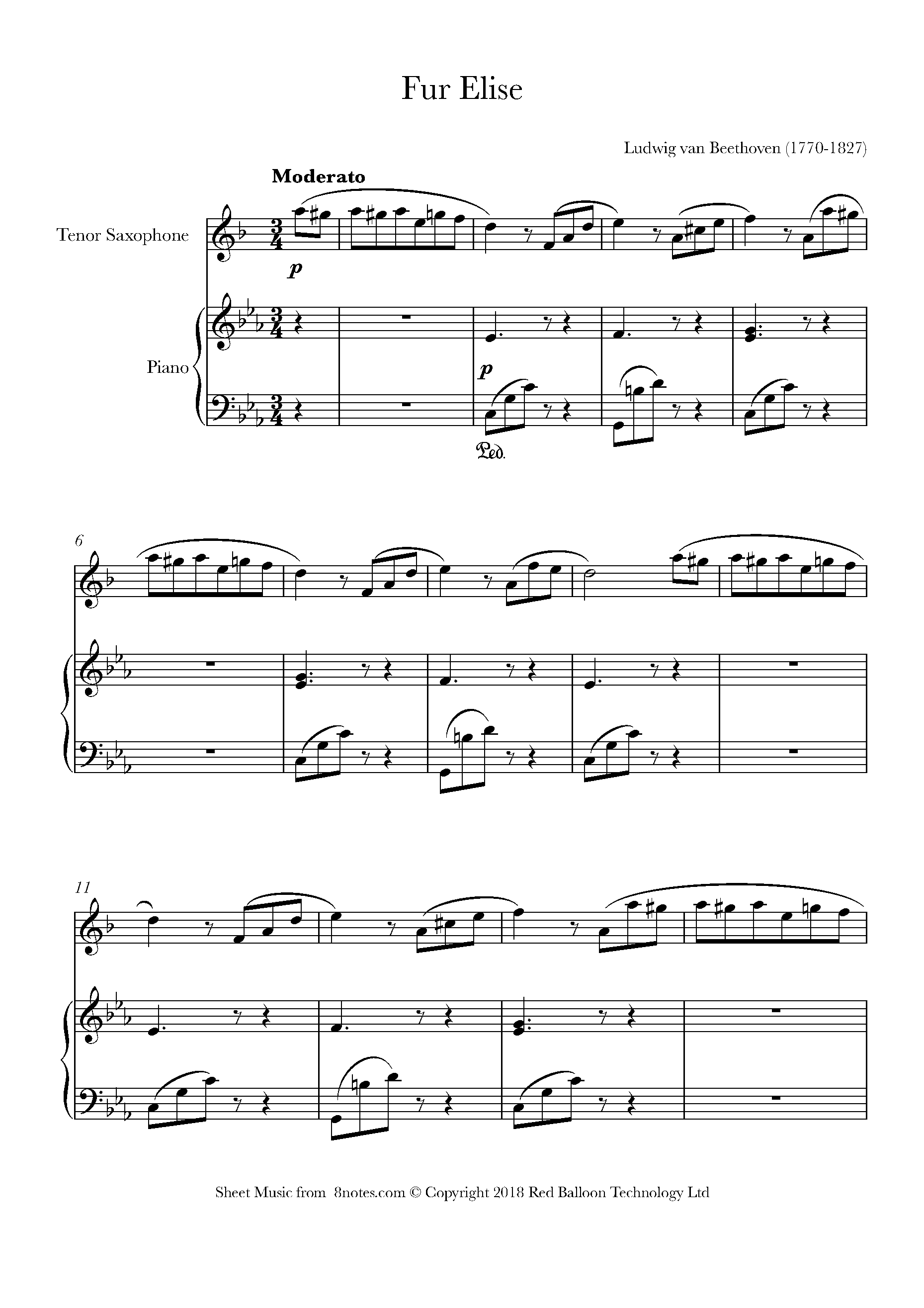 Beethoven Fur Elise Sheet Music For Tenor Saxophone 8notes Com