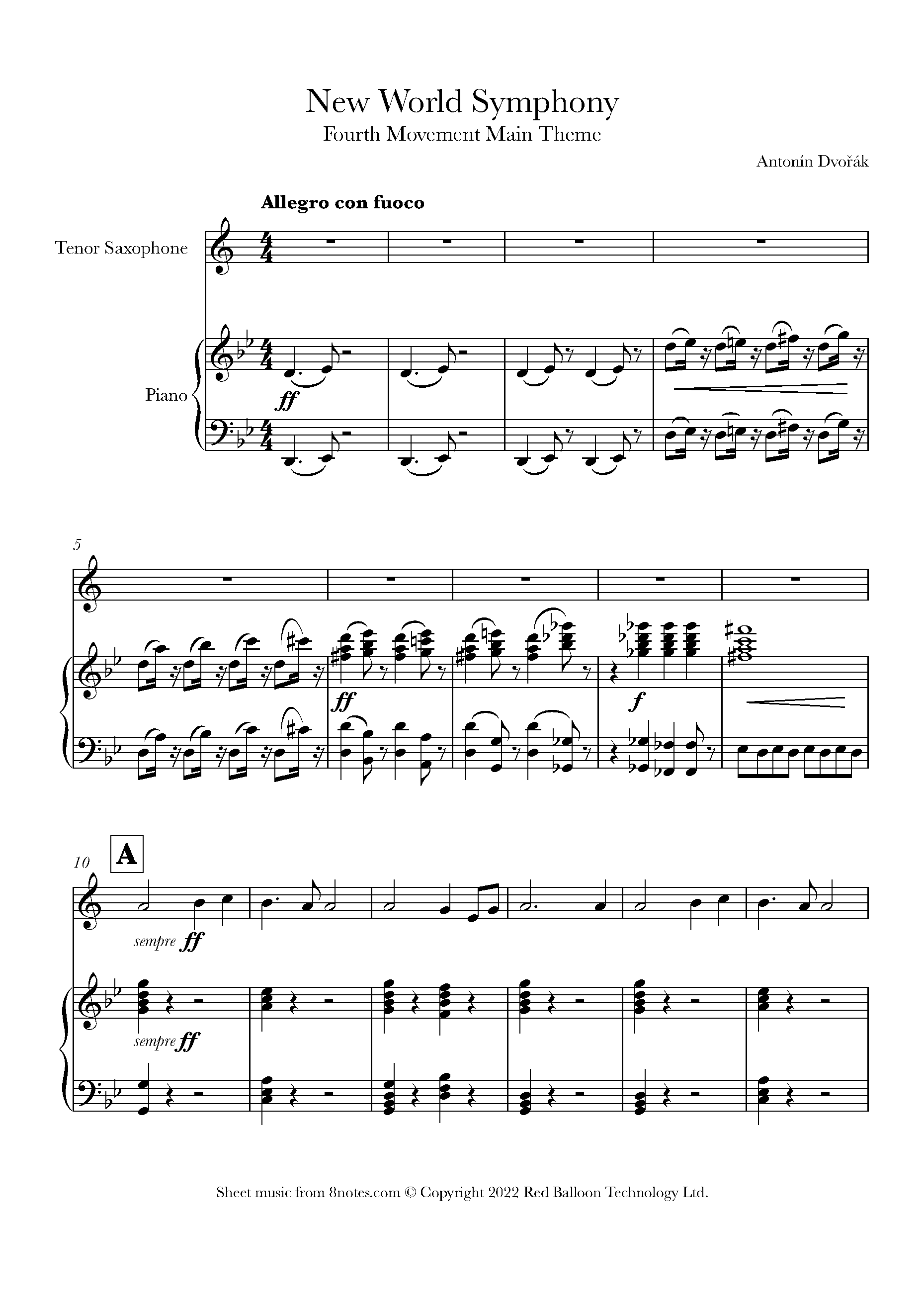 ﻿Dvořák New World Symphony 4th Movement Main Theme Sheet music for
