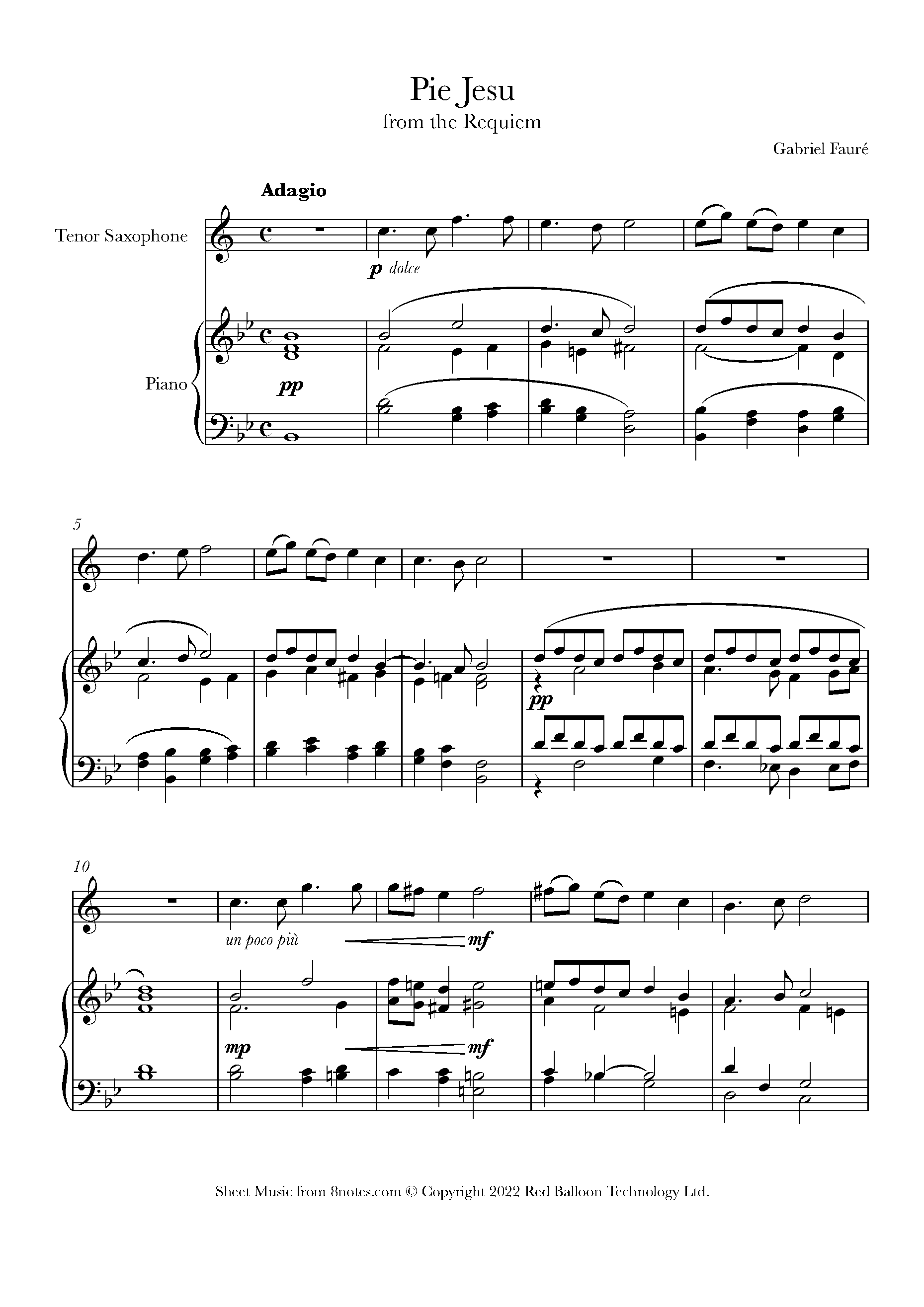 Fauré Pie Jesu Sheet music for Tenor Saxophone
