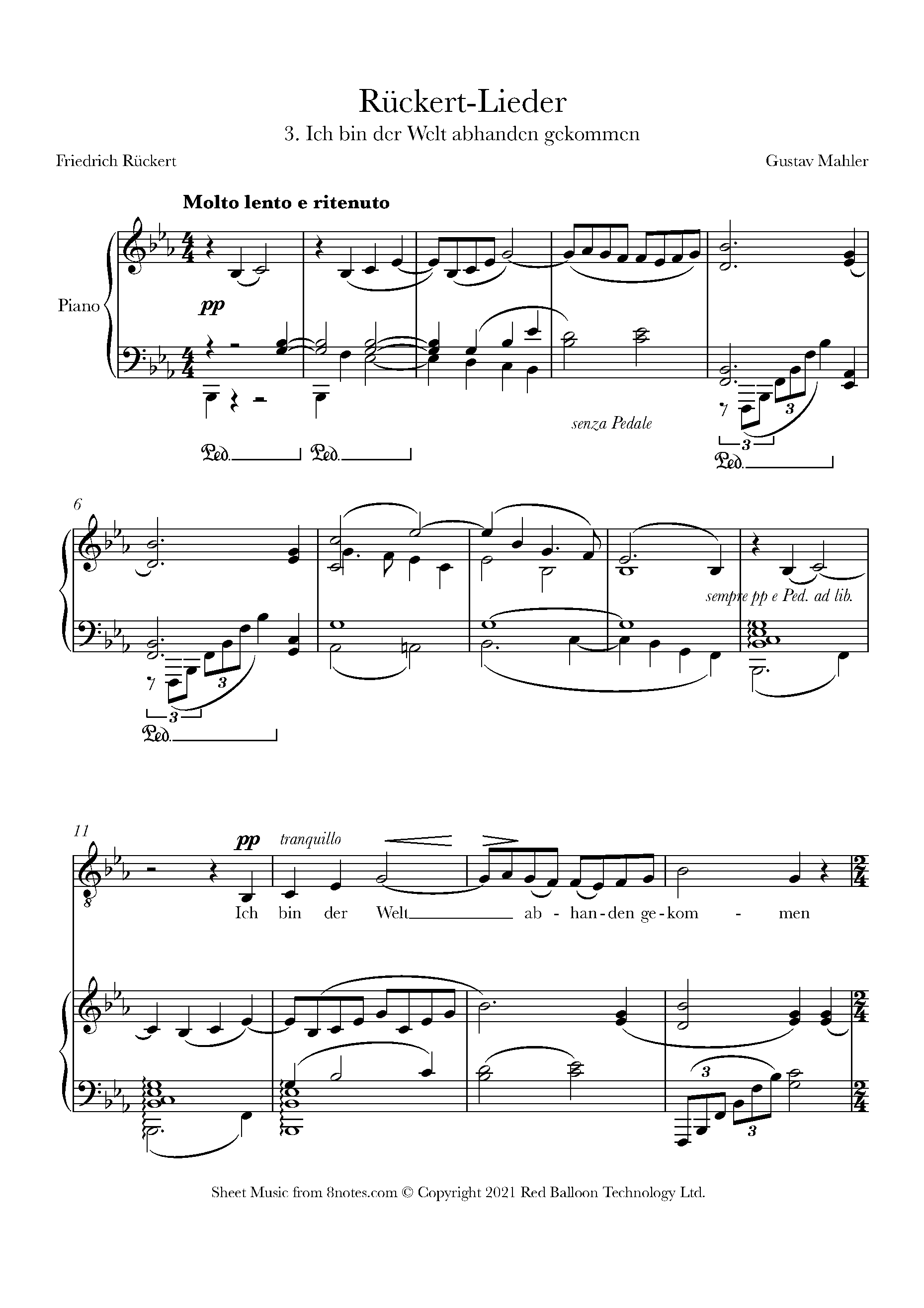 Mahler Ich Bin Der Welt Abhanden Gekommen No 3 Ruckert Lieder Sheet Music For Tenor Voice 8notes Com