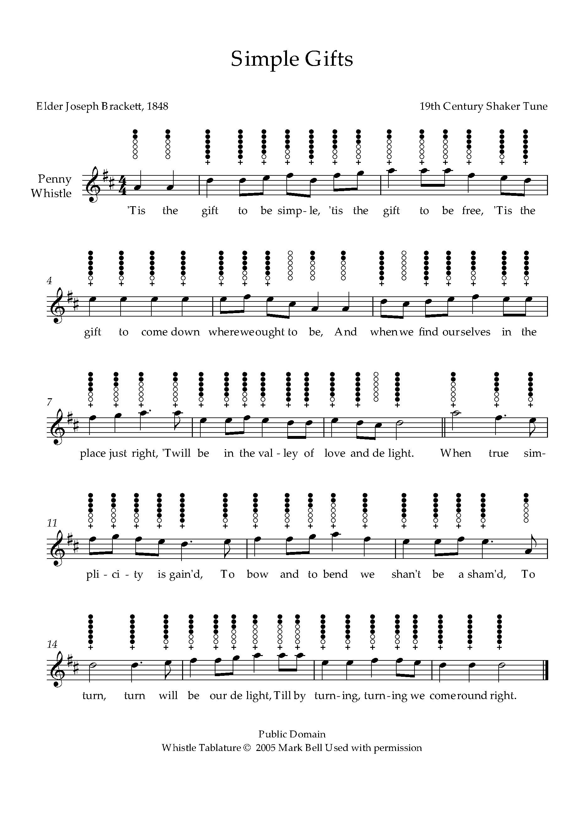 Joseph Brackett Simple Gifts Sheet music for Tin Whistle