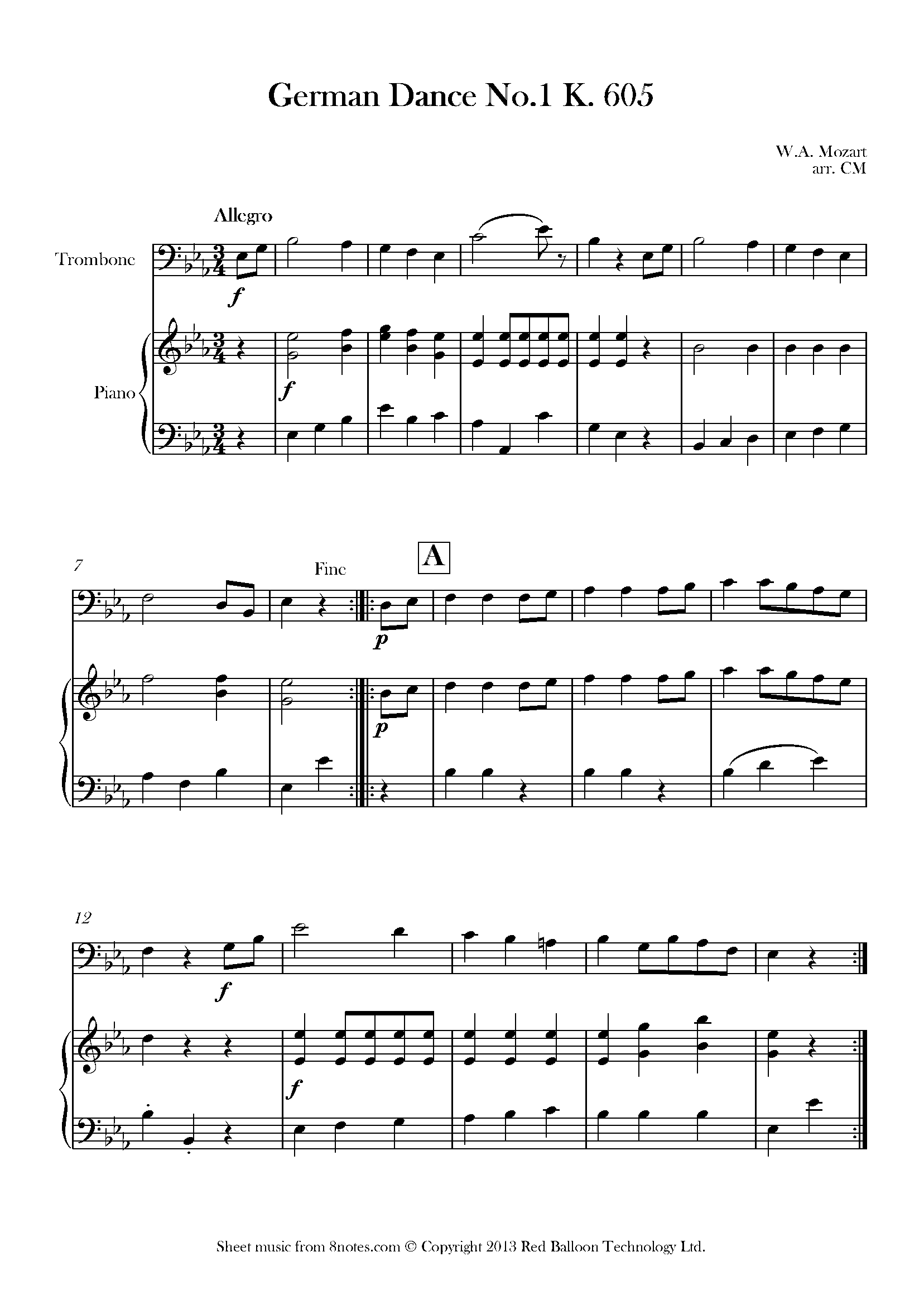 Mozart German Dance No.1 K. 605 Sheet music for Trombone