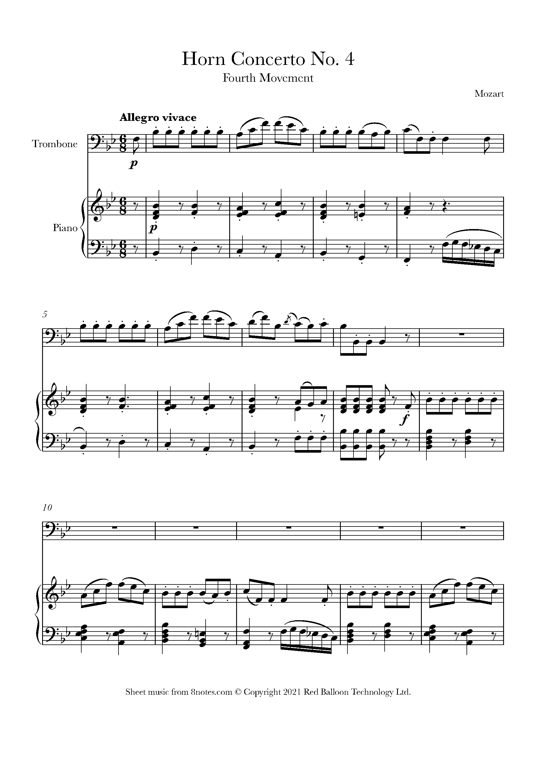 Mozart Horn Concerto No. 4 in Eb 4th movement arranged for trumpet Sheet music for Trombone