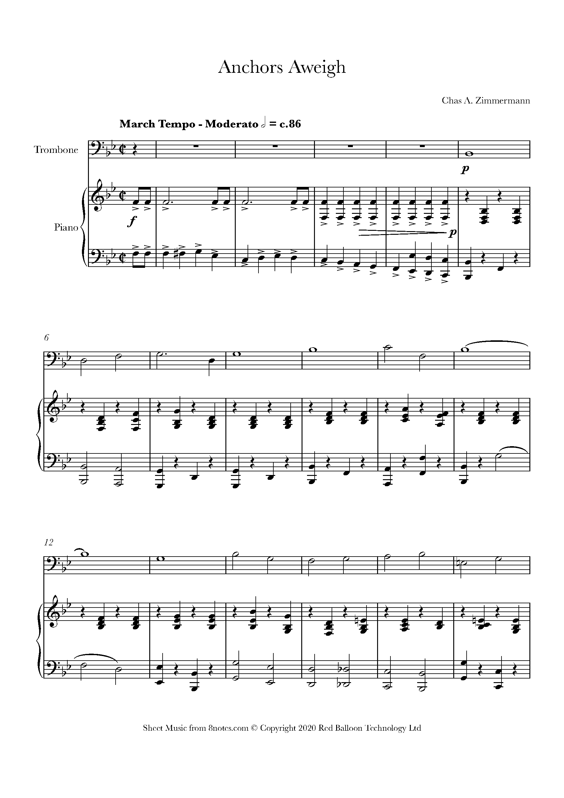 Chas A Zimmermann Anchors Aweigh Sheet music for Trombone