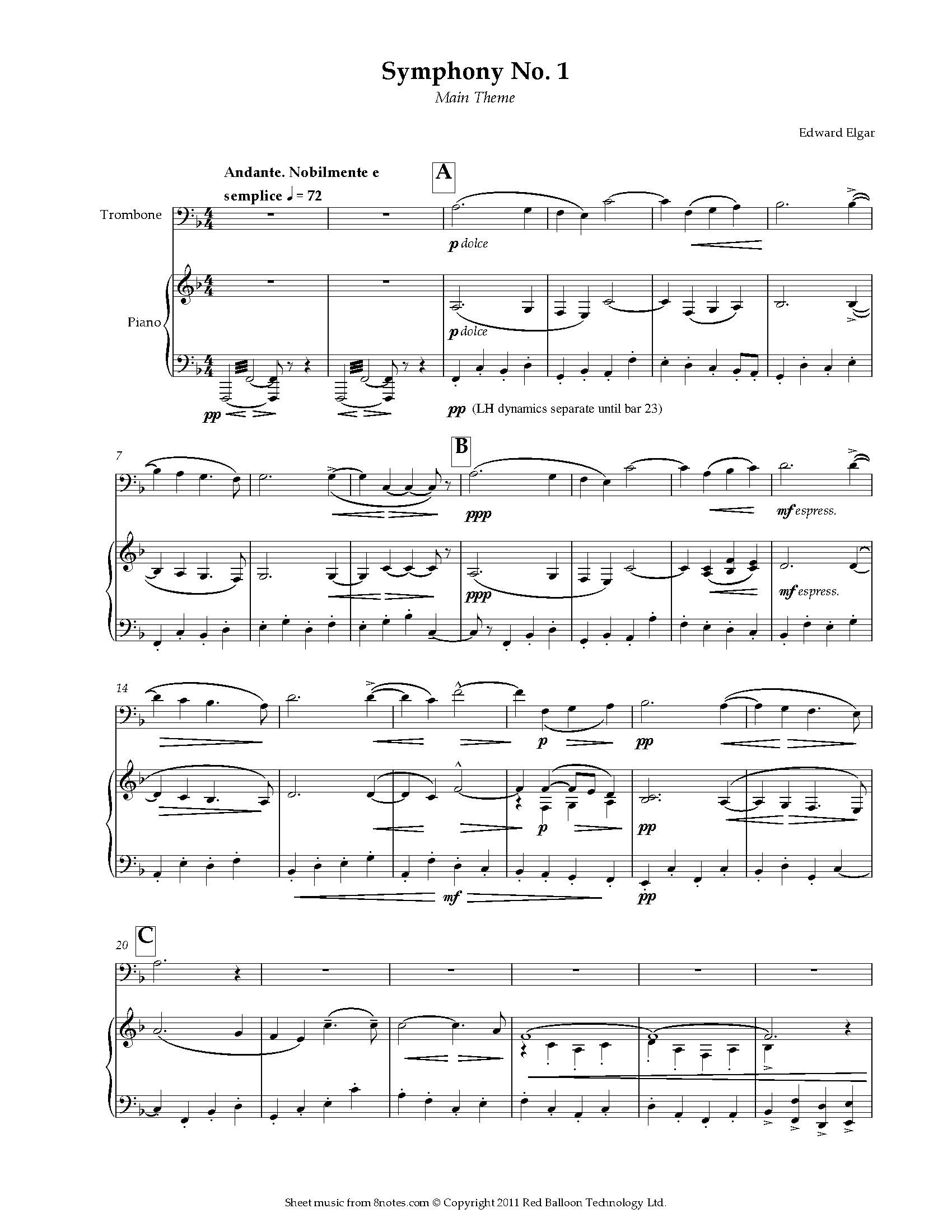 Elgar Symphony No. 1 Opening Theme Sheet music for Trombone
