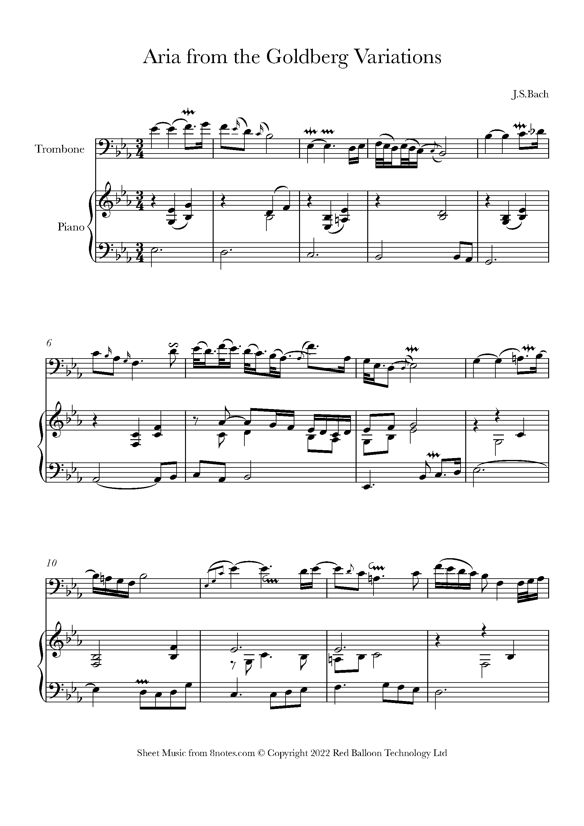 Bach aria from goldberg variations sheet music for trombone 8notes