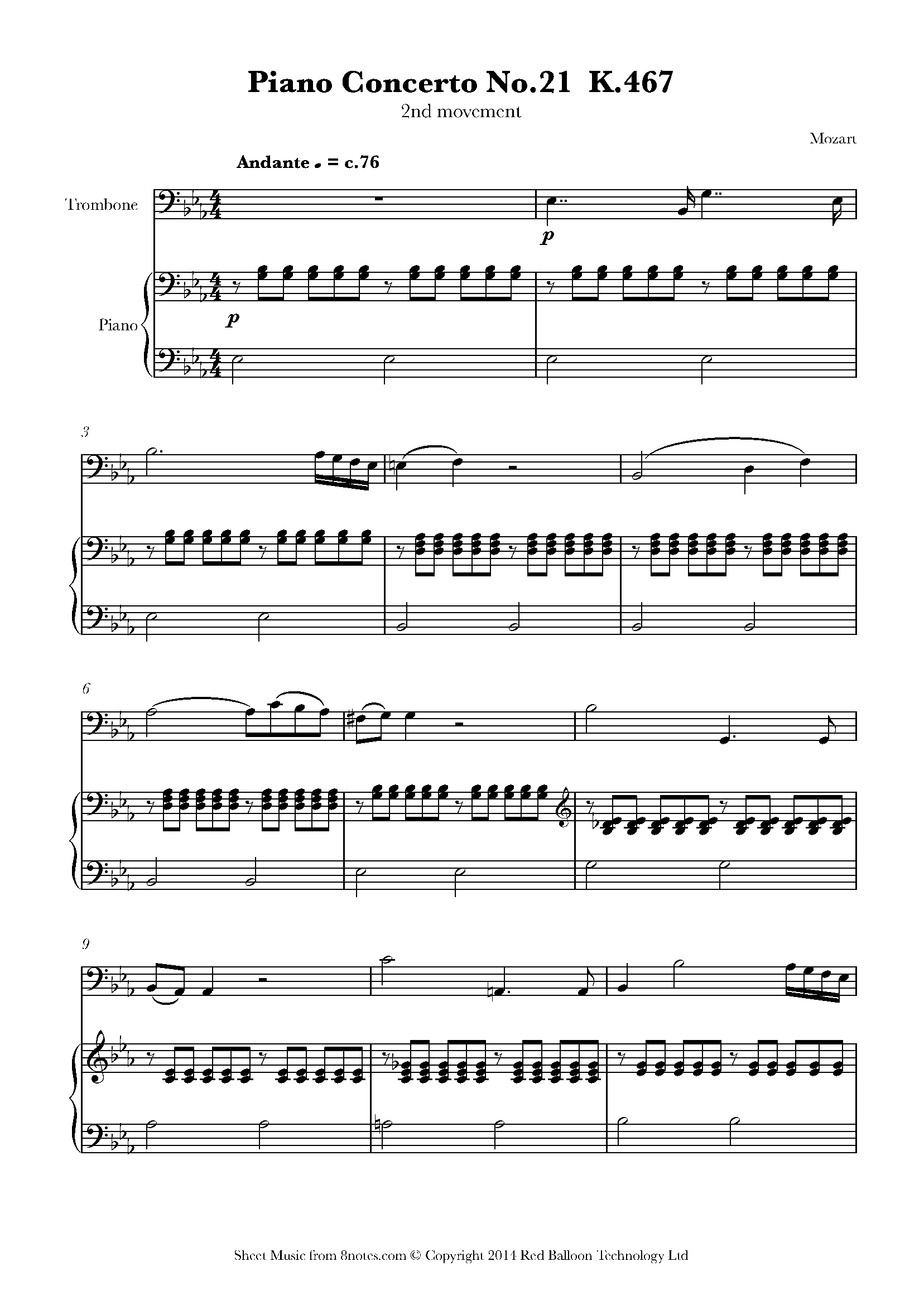 Mozart Theme from Piano Concerto No.21 K.467 2nd mvt Sheet music for Trombone