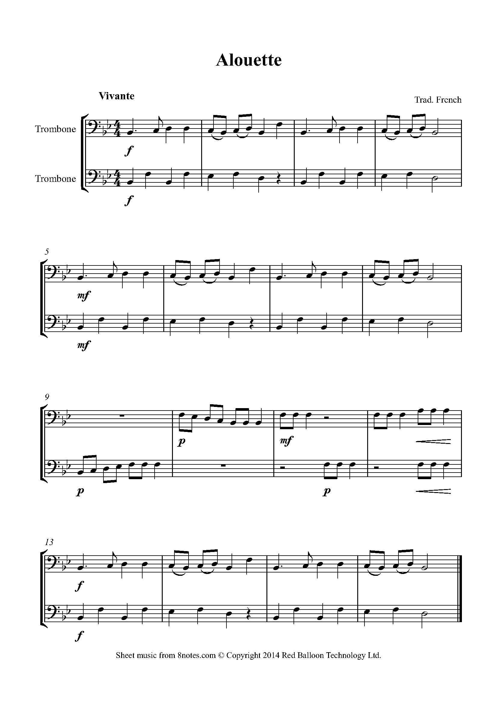 Alouette Sheet music for Trombone Duet