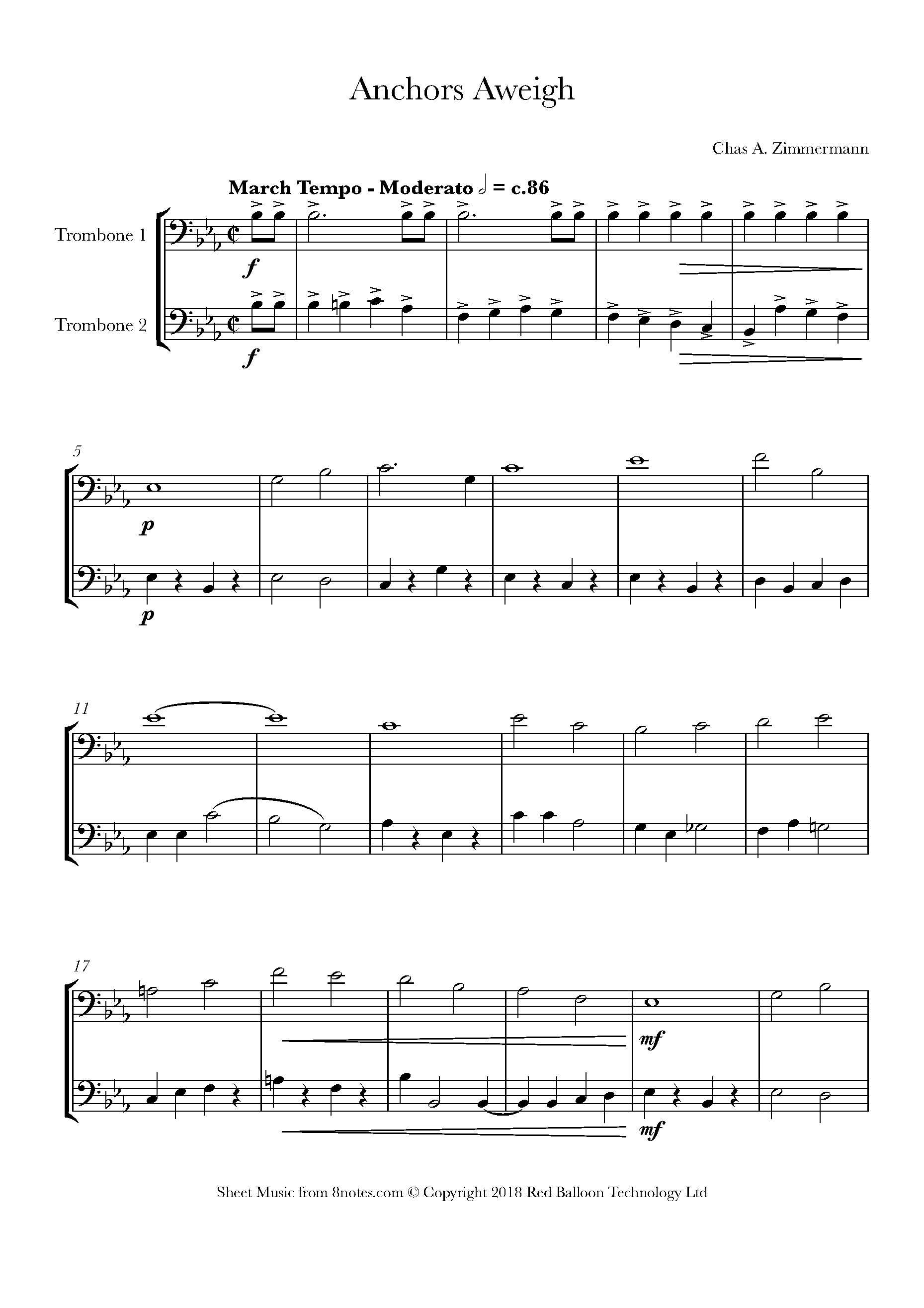 Chas A Zimmermann Anchors Aweigh Sheet music for Trombone Duet