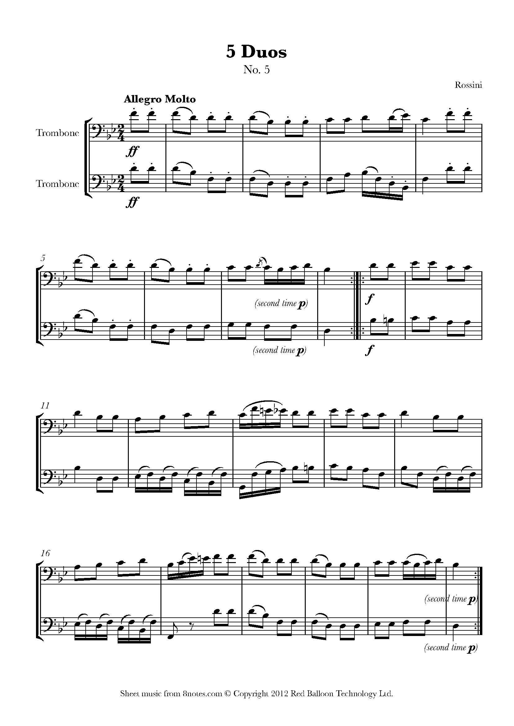 Rossini 5 Duos No.5 Allegro Molto Sheet music for Trombone Duet