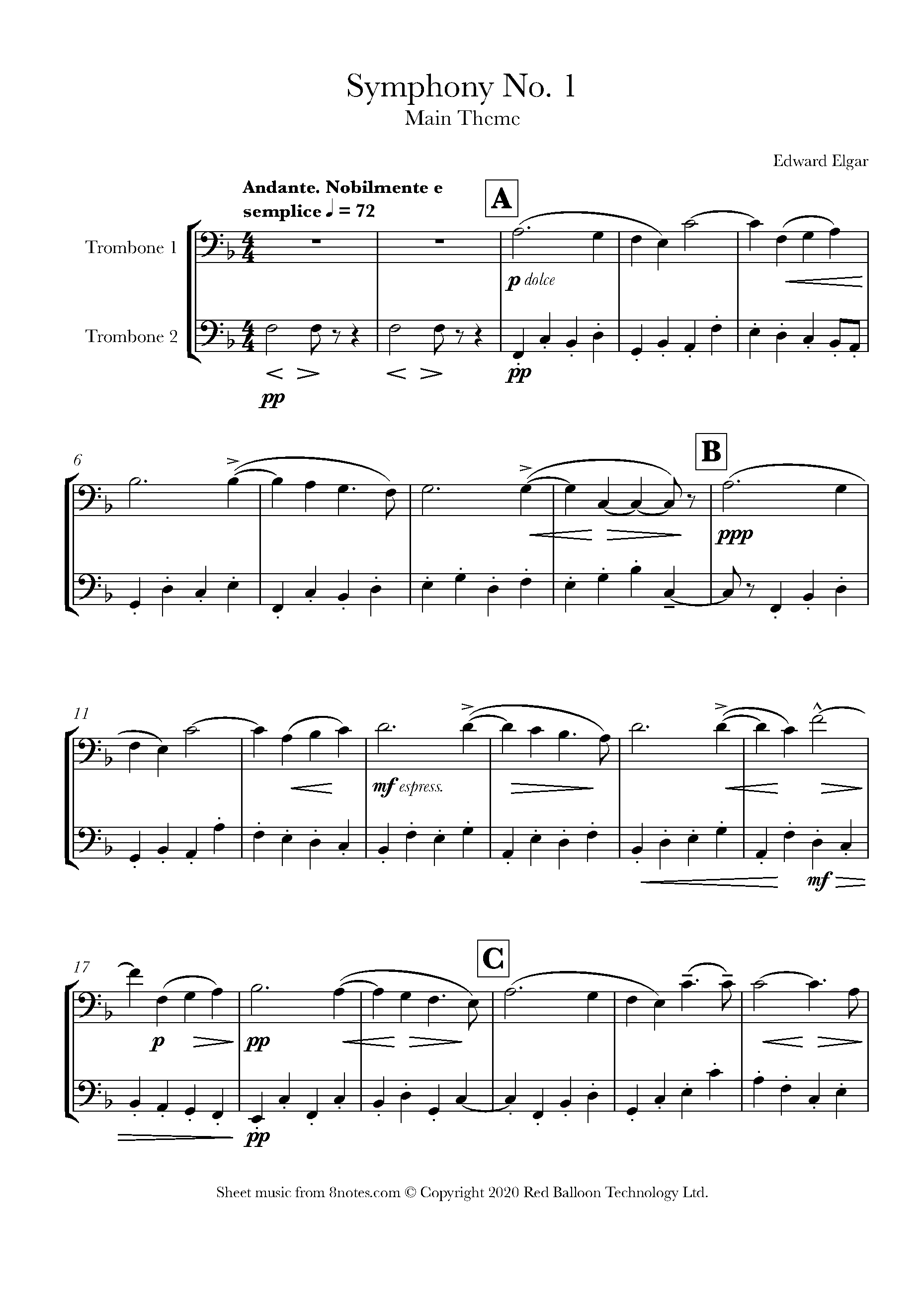 Elgar Symphony No. 1 Opening Theme Sheet music for Trombone Duet
