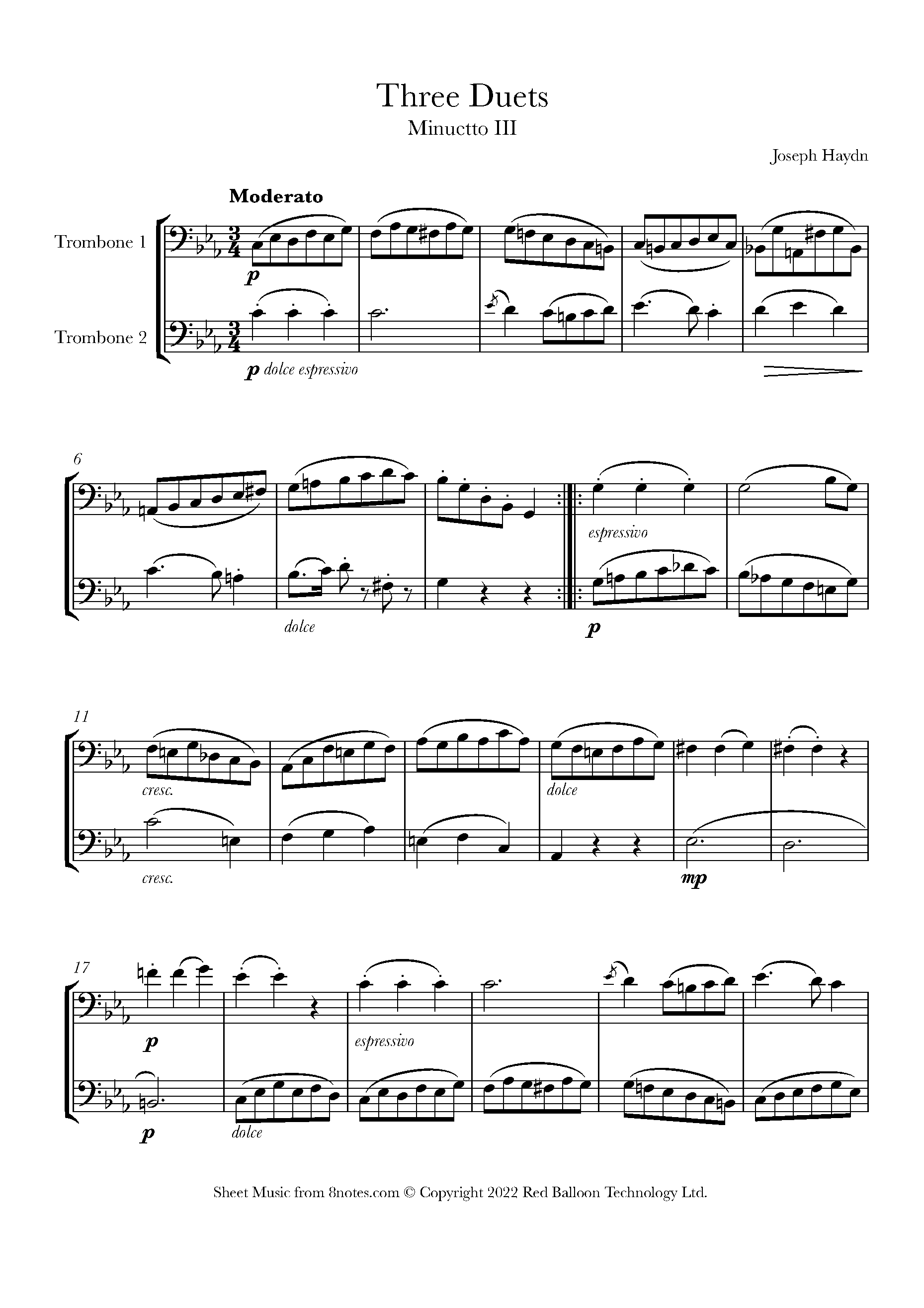 Haydn Three Duets Menuetto 3 Sheet music for Trombone Duet