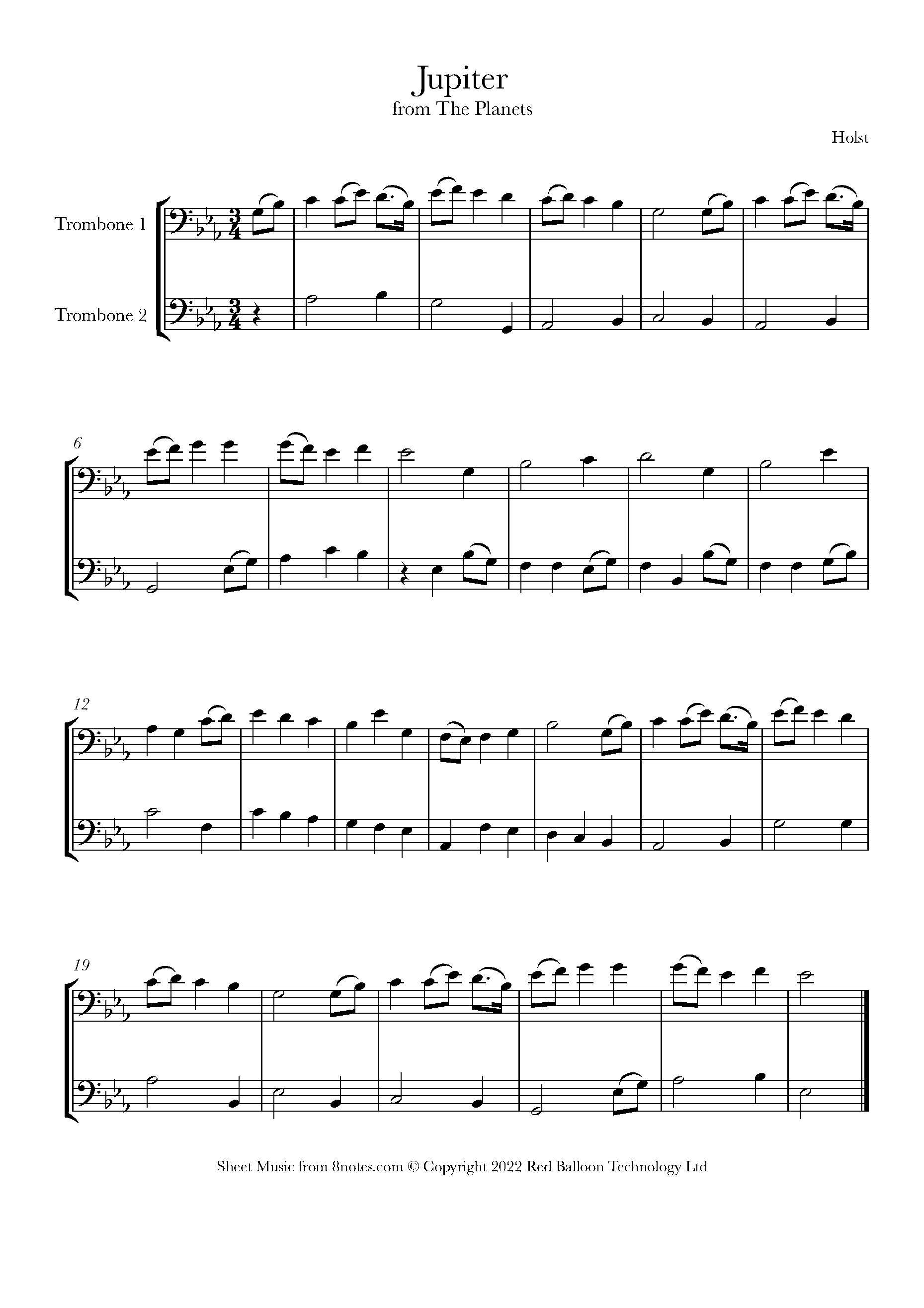 Holst Jupiter from the (theme) Sheet music for Trombone Duet
