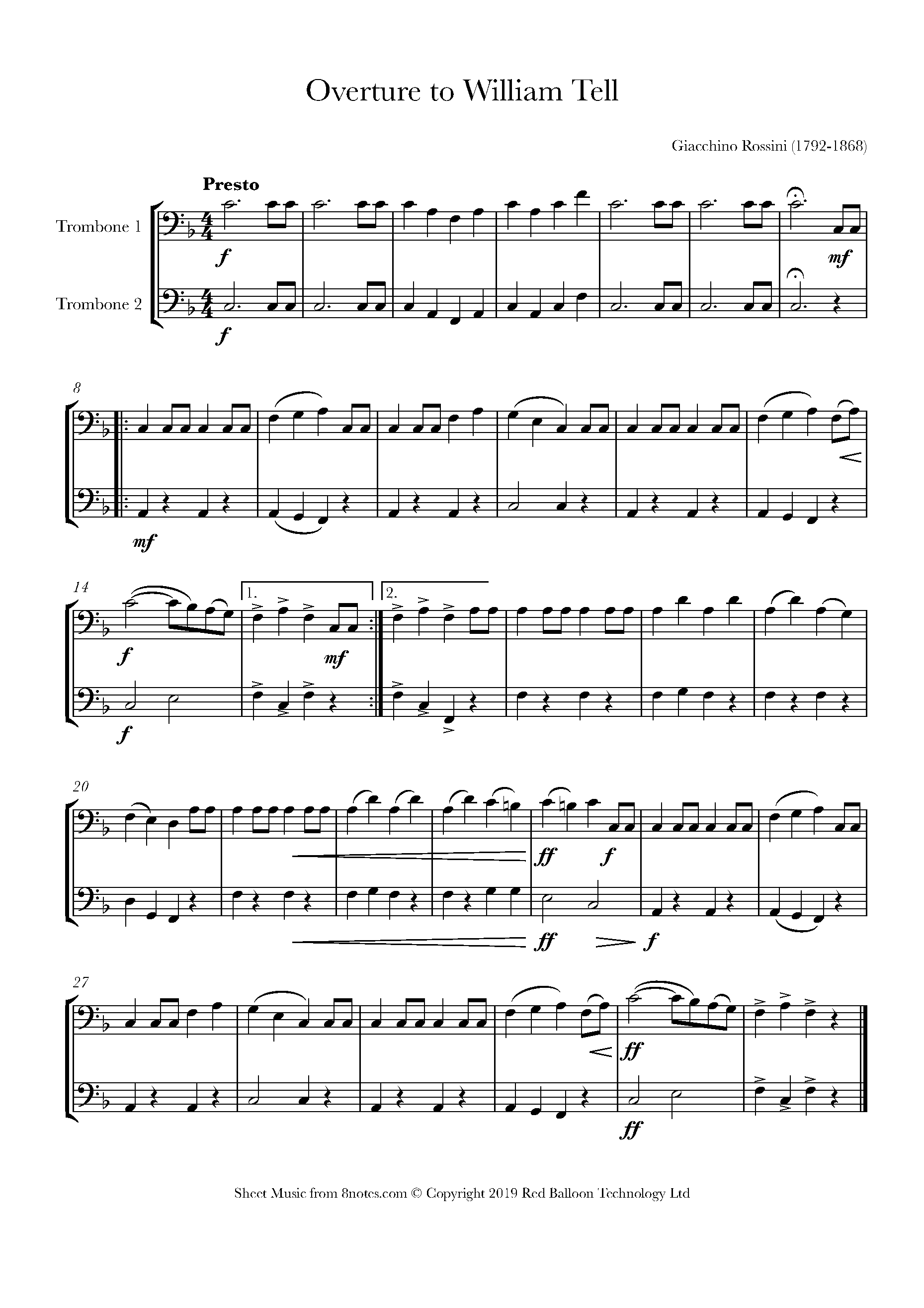 Rossini William Tell Overture Sheet music for Trombone Duet