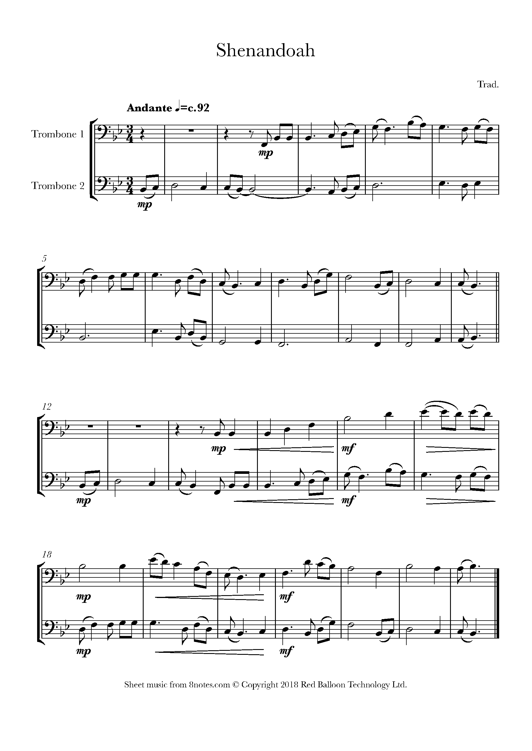 Shenandoah Sheet music for Trombone Duet