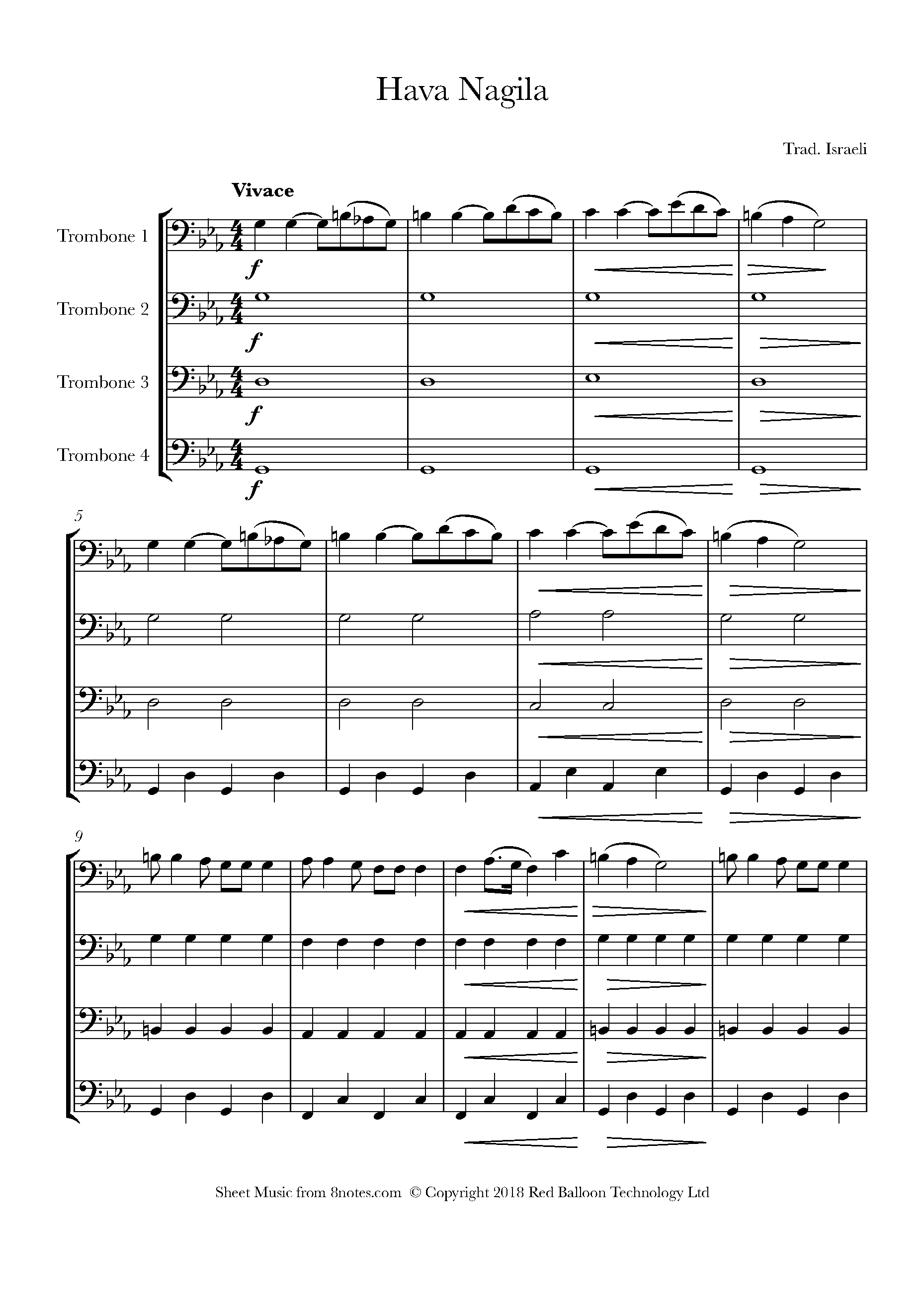 Hava Nagila Sheet music for Trombone Quartet