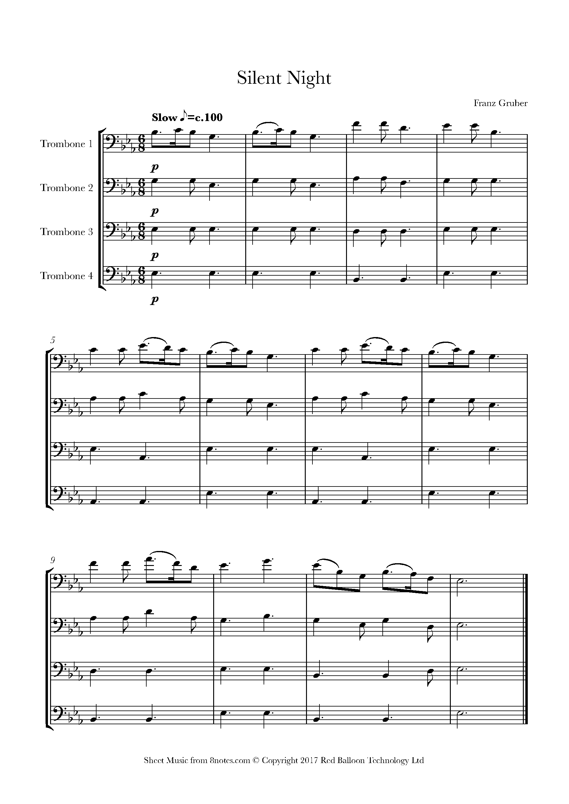 Silent Night (easy) Sheet music for Trombone Quartet