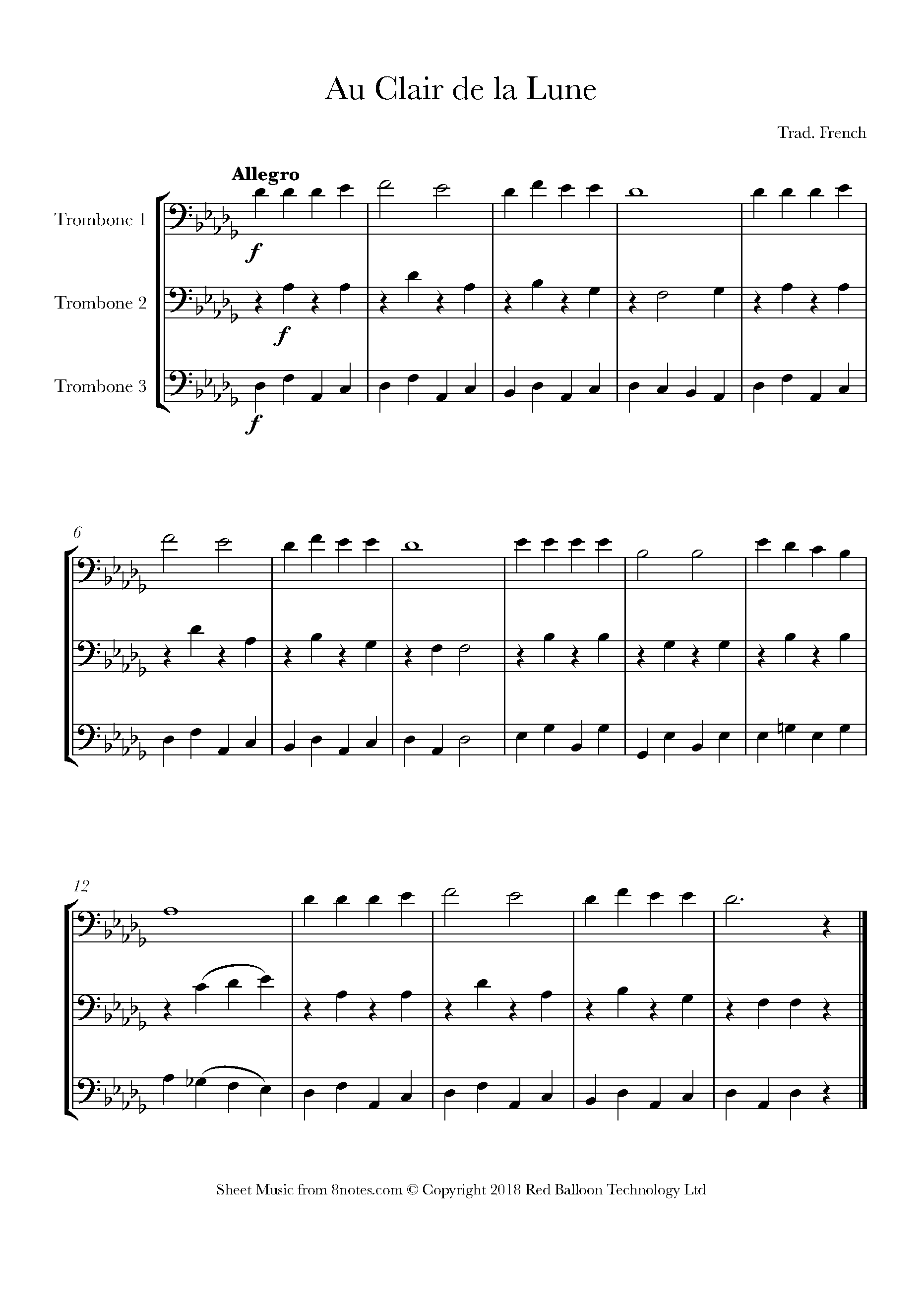 Au claire de la lune Sheet music for Trombone Trio
