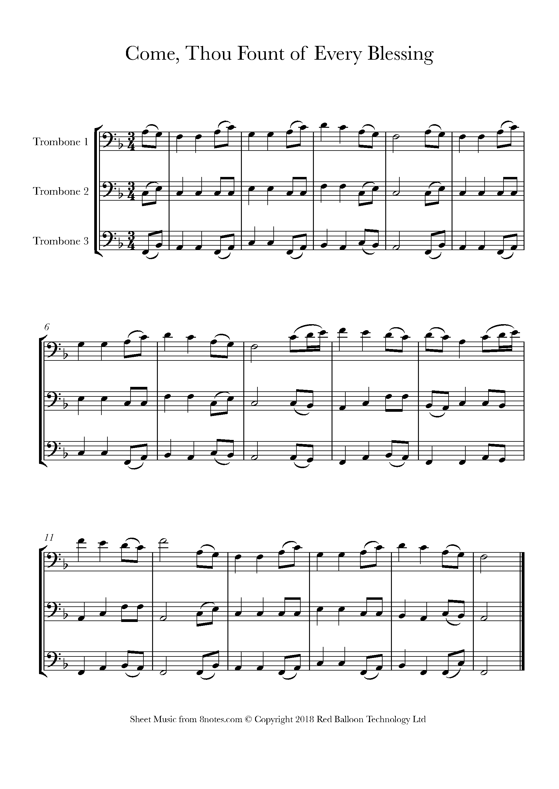 Come, Thou Fount of Every Blessing Sheet music for Trombone Trio