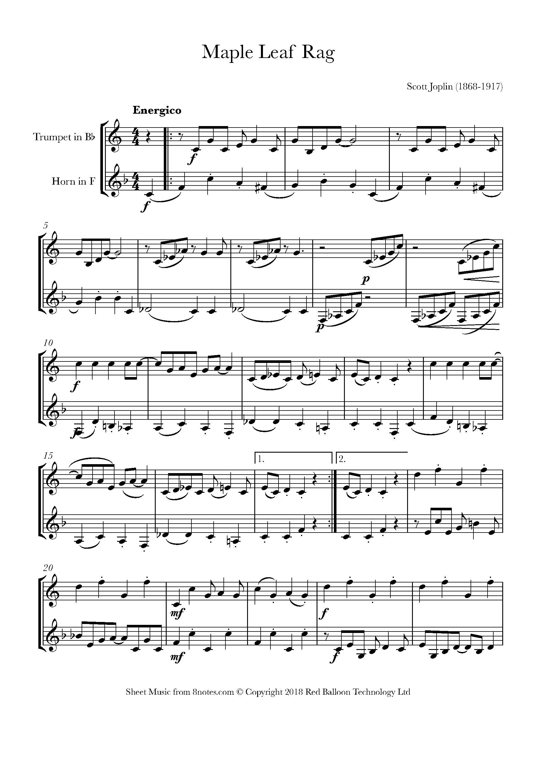 Scott Joplin Maple Leaf Rag Sheet music for TrumpetFrench Horn Duet