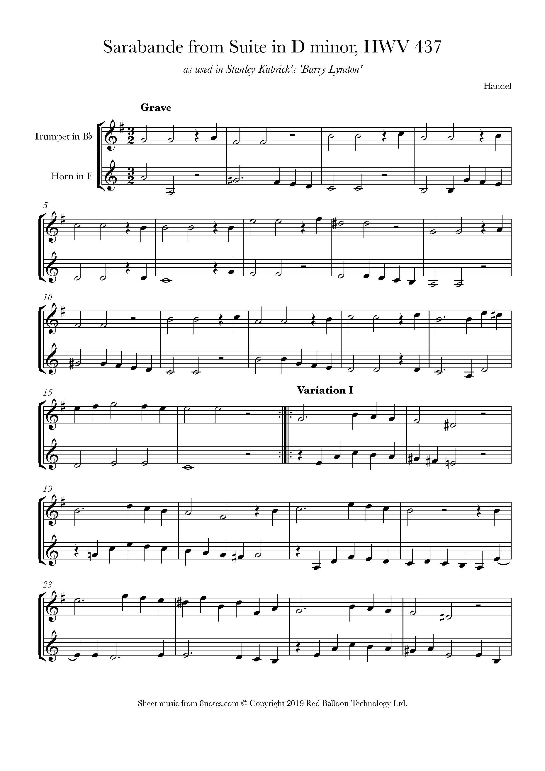 Frideric Handel Sarabande from Suite in D minor, HWV 437