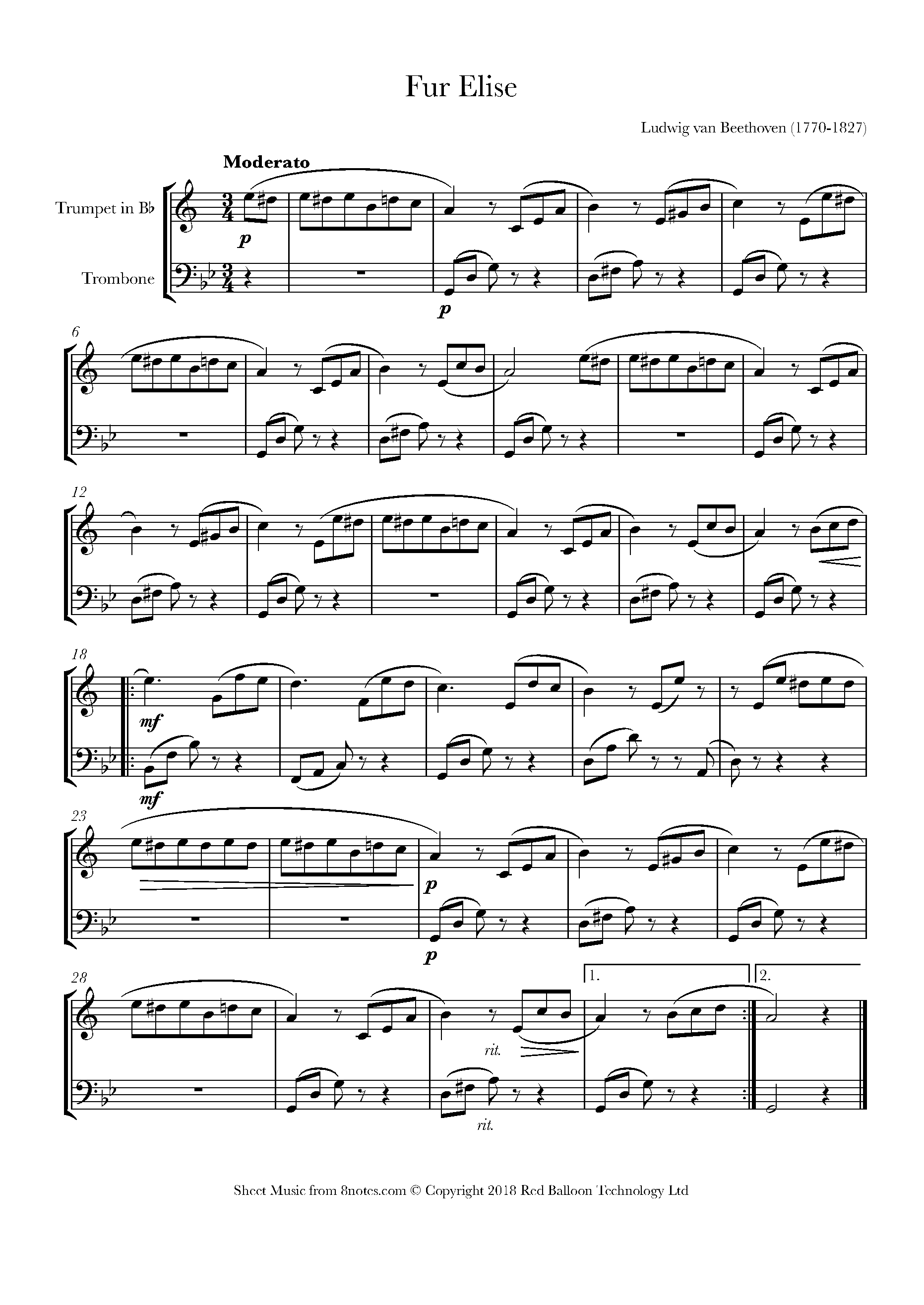 Beethoven - Fur Elise Sheet music for Trumpet-Trombone Duet - 8notes.com