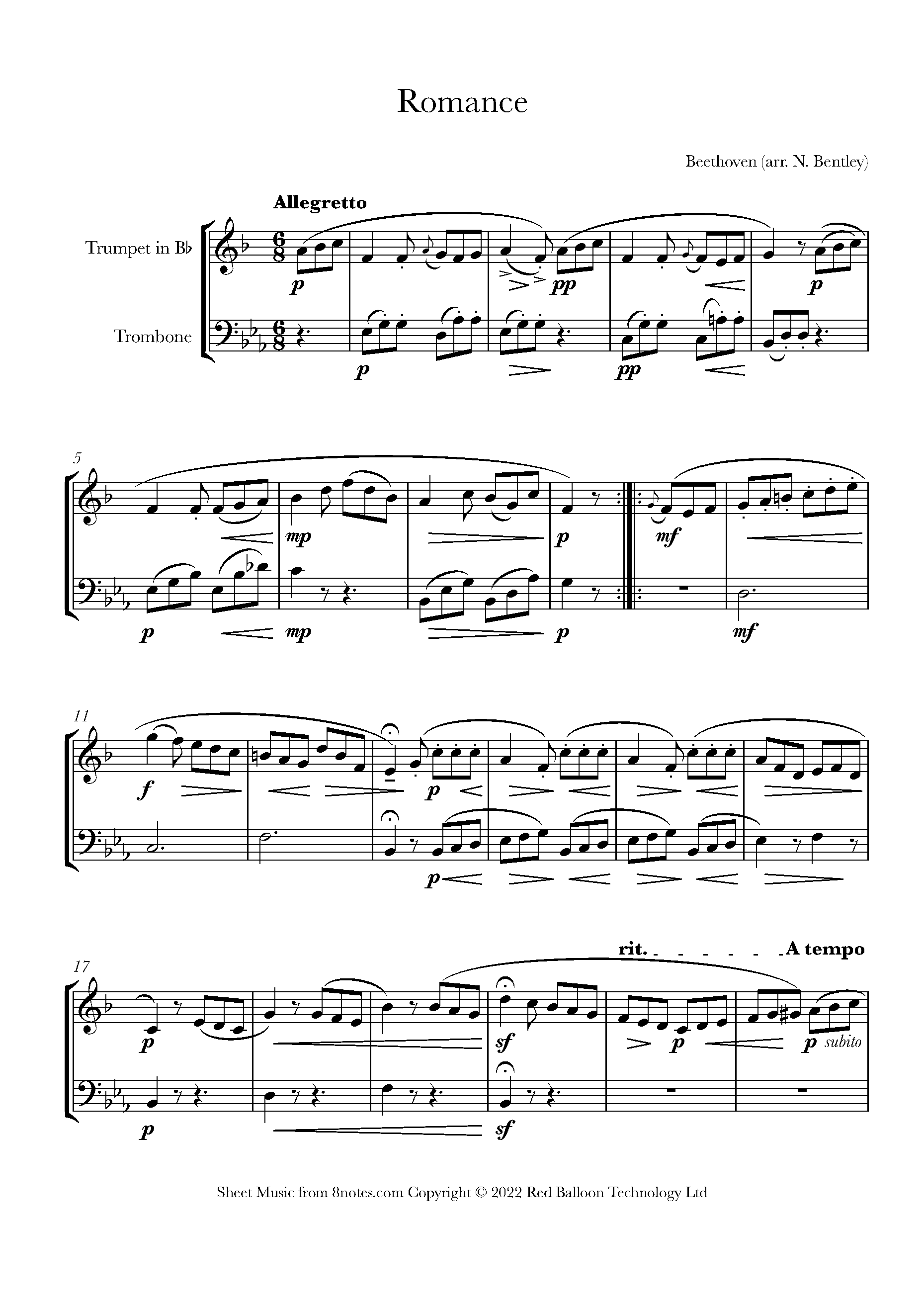 Beethoven Romance from Sonatina in G Sheet music for TrumpetTrombone