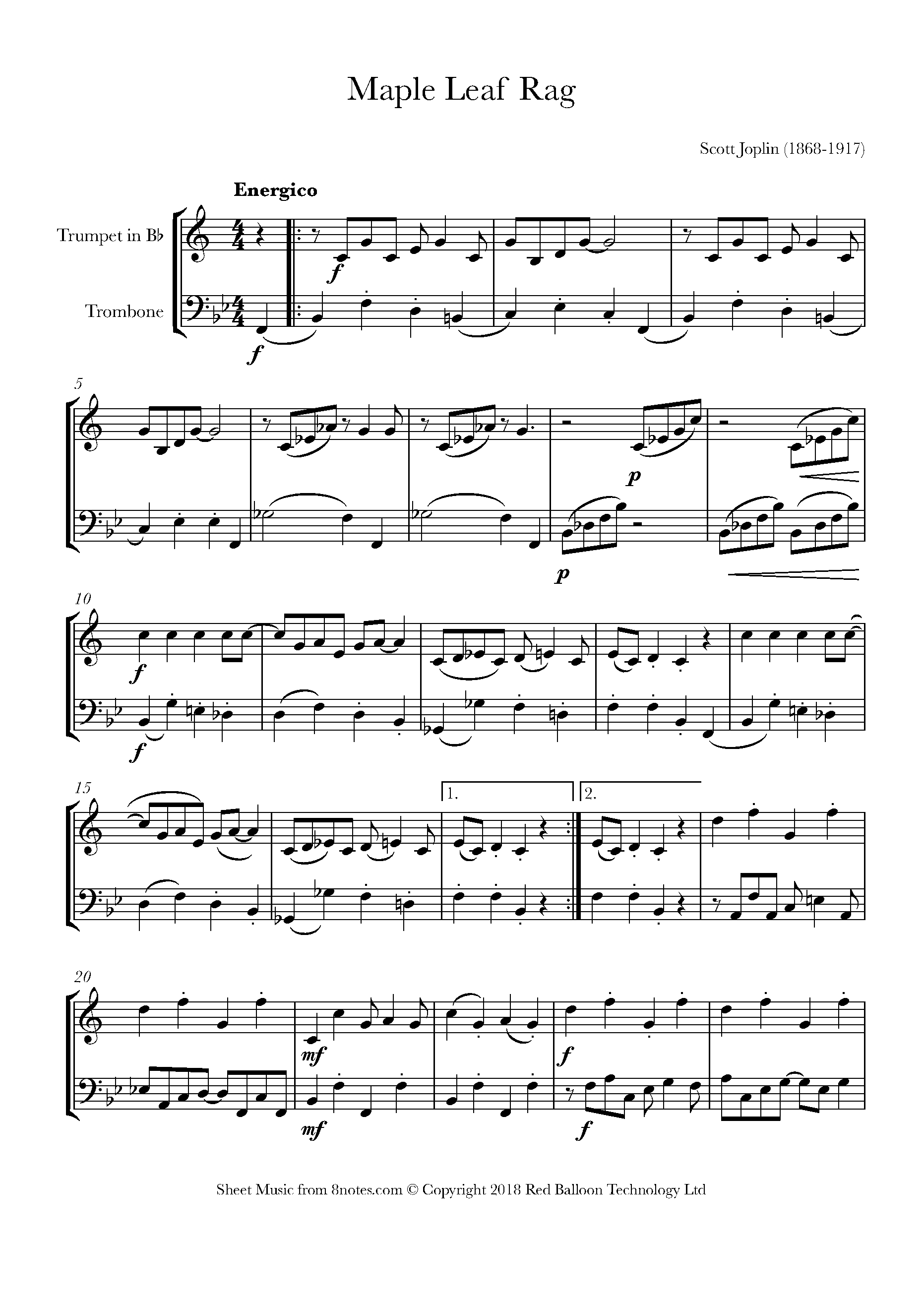 Scott Joplin Maple Leaf Rag Sheet music for TrumpetTrombone Duet