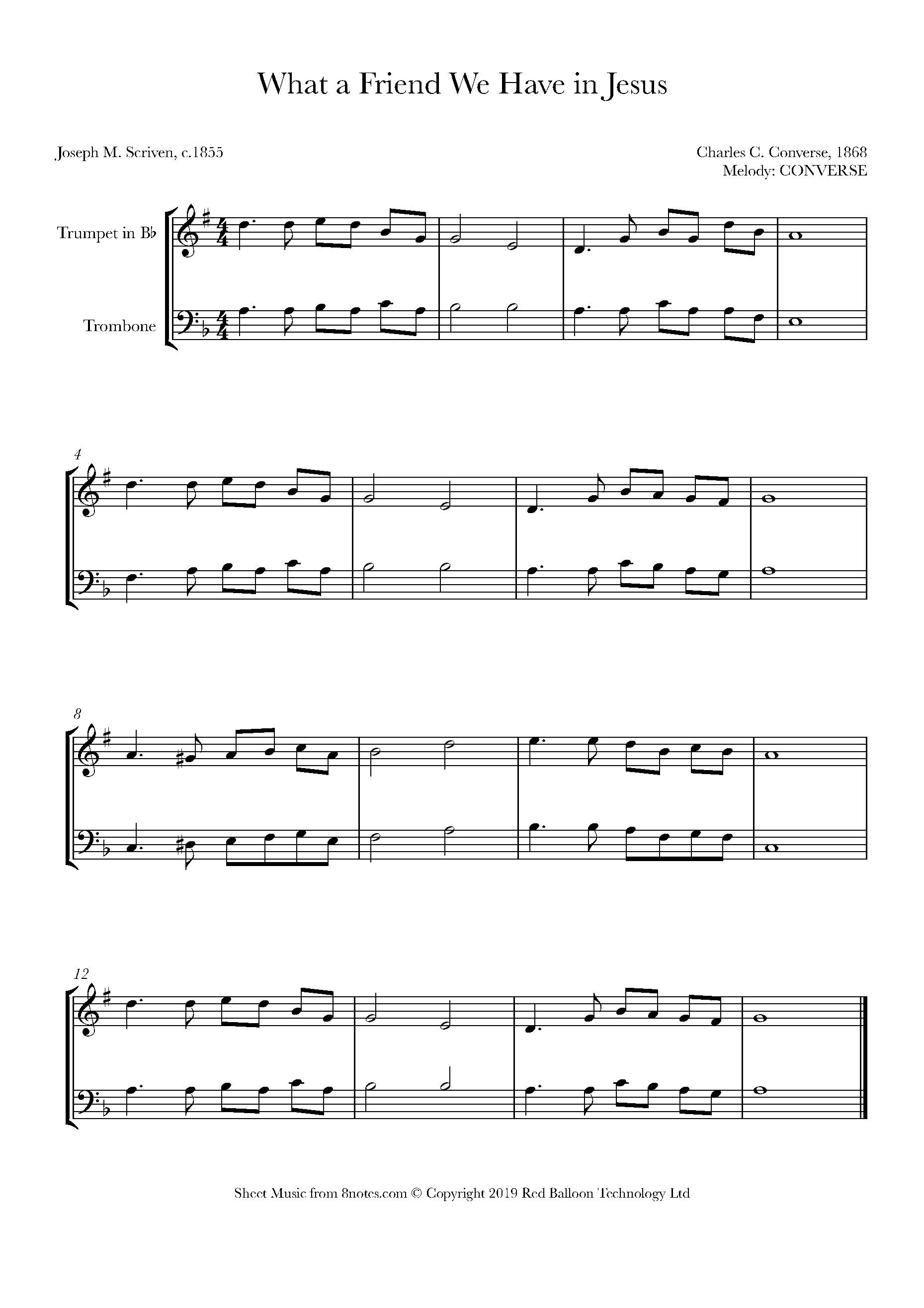 Converse What A Friend We Have In Jesus Sheet Music For Trumpet Trombone Duet 8notes Com