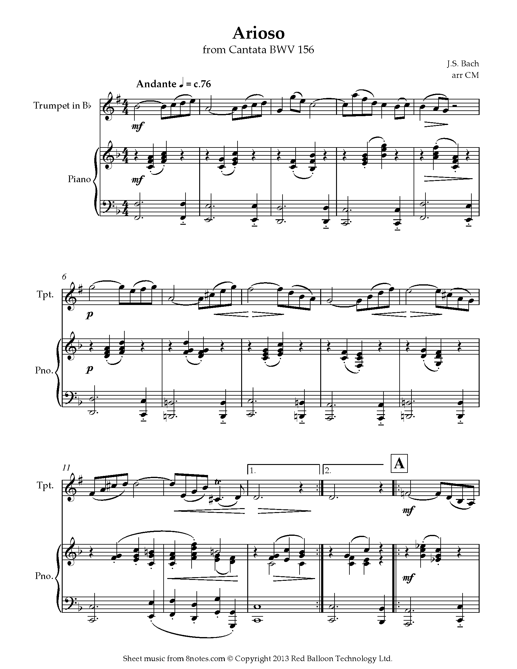 Bach Johann Sebastian Arioso from Cantata BWV 156 for Trumpet Free Sheet music for Trumpet 8notes