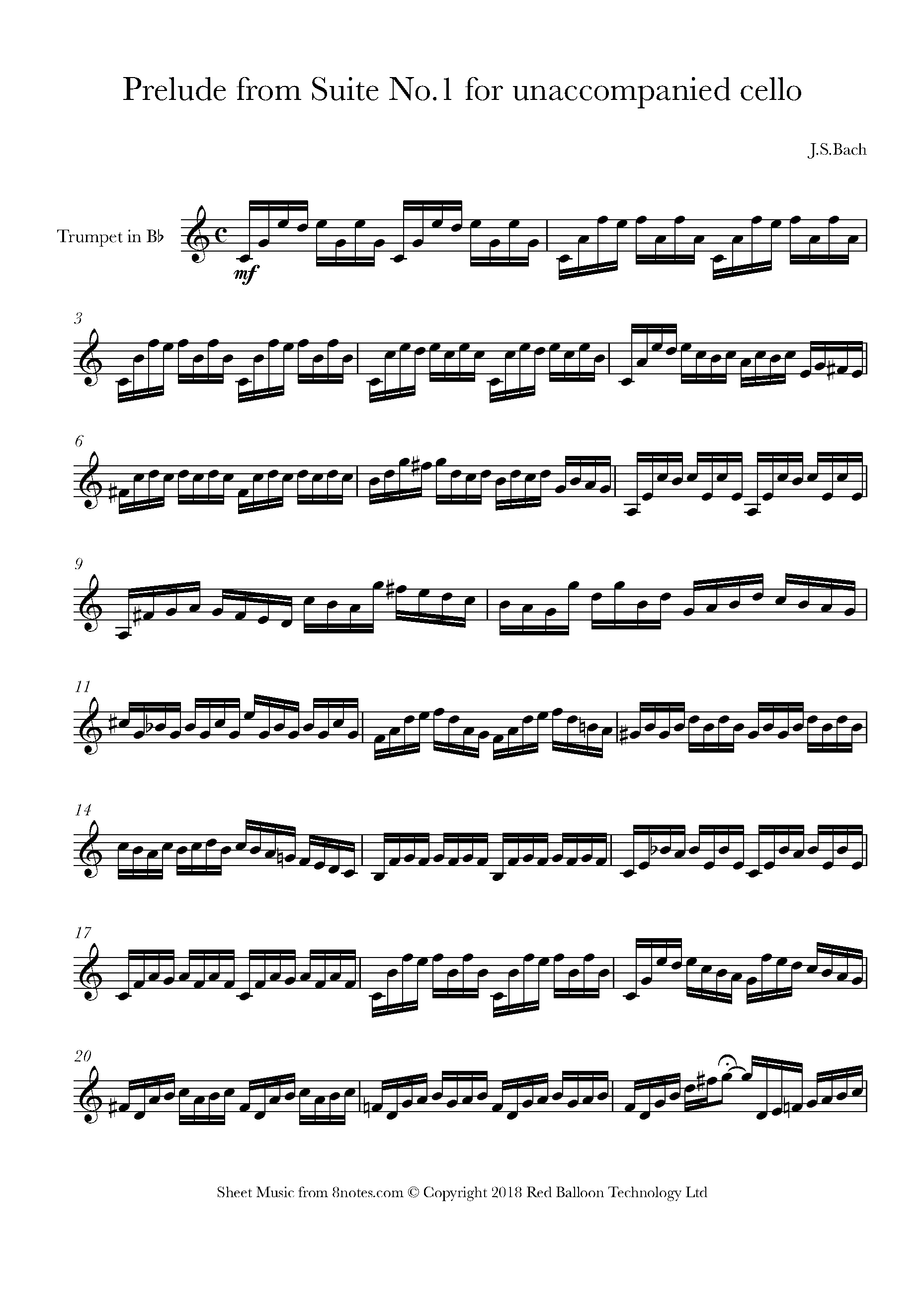 vino acortar Fondo verde Bach, Johann Sebastian - Prelude from Suite no.1 Sheet music for Trumpet -  8notes.com