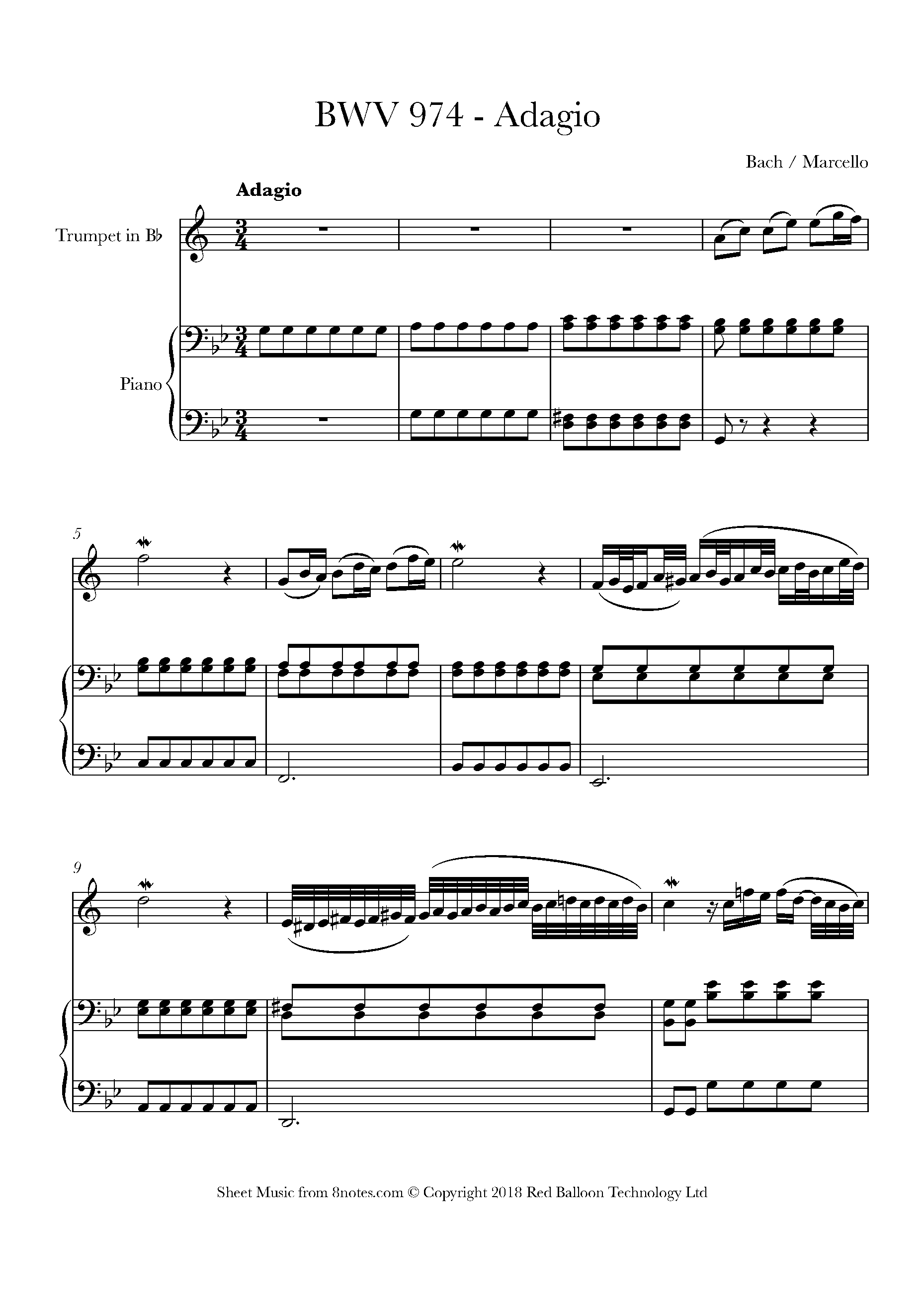 Bach - BWV 974 - Adagio (Bach/Marcello) Sheet music for Trumpet