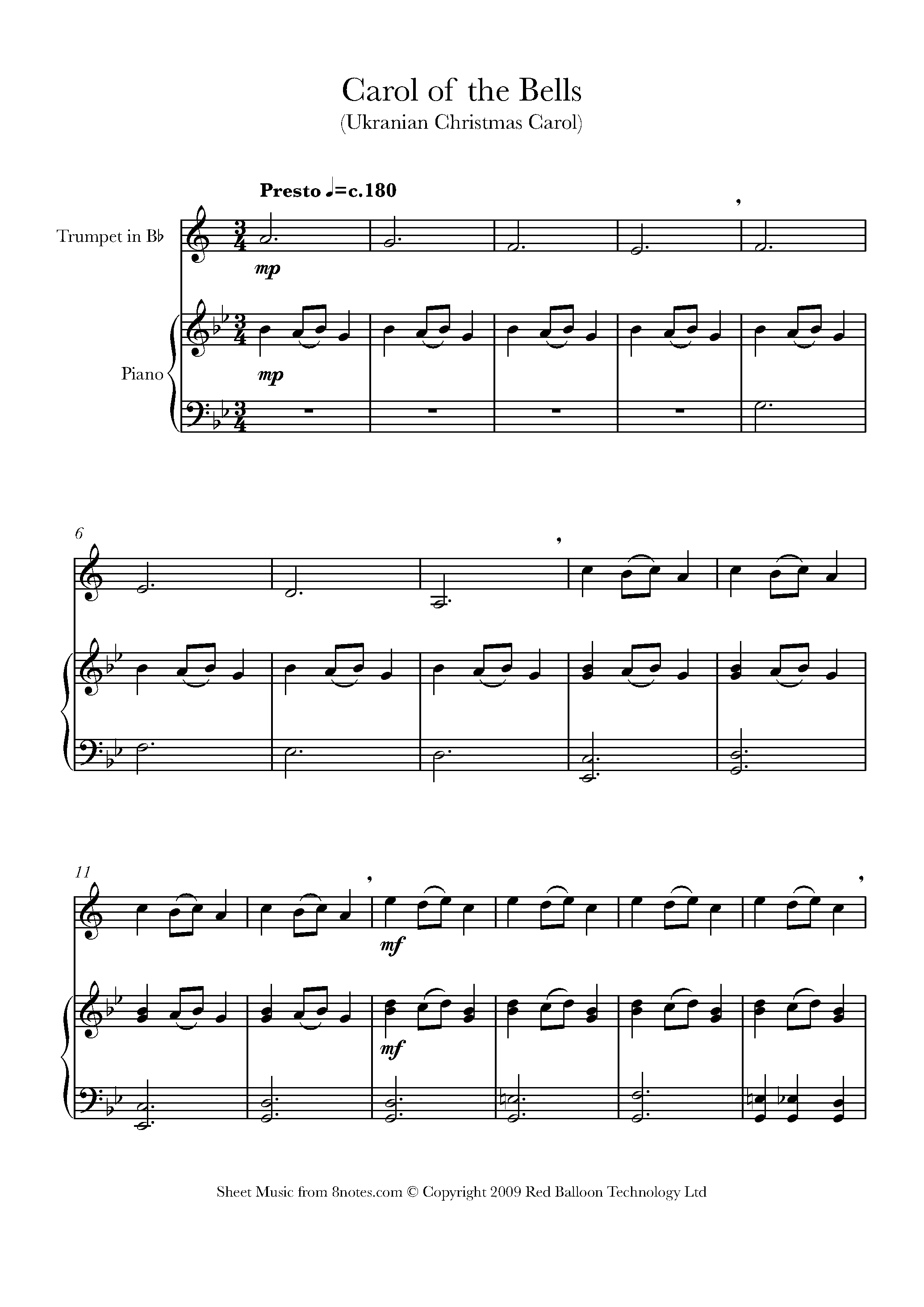 Carol of the Bells for Trumpet Free Sheet music for Trumpet 8notes