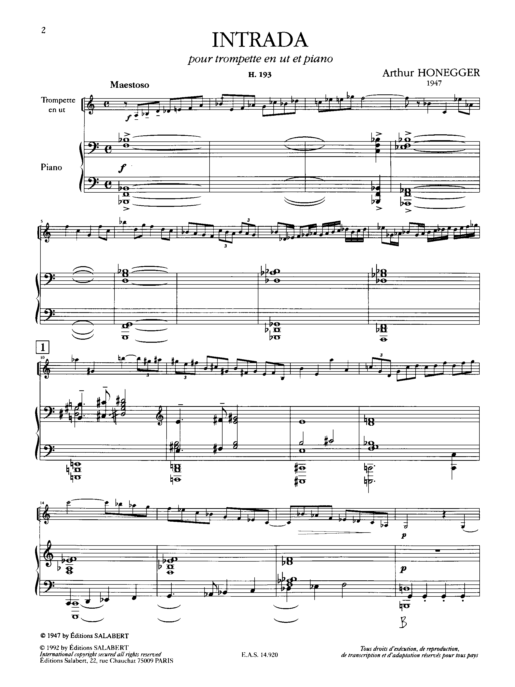 Intrada, H.193 by Arthur Honegger Sheet Music arranged by 8notes.com for Trumpet - 1 of 8 pages