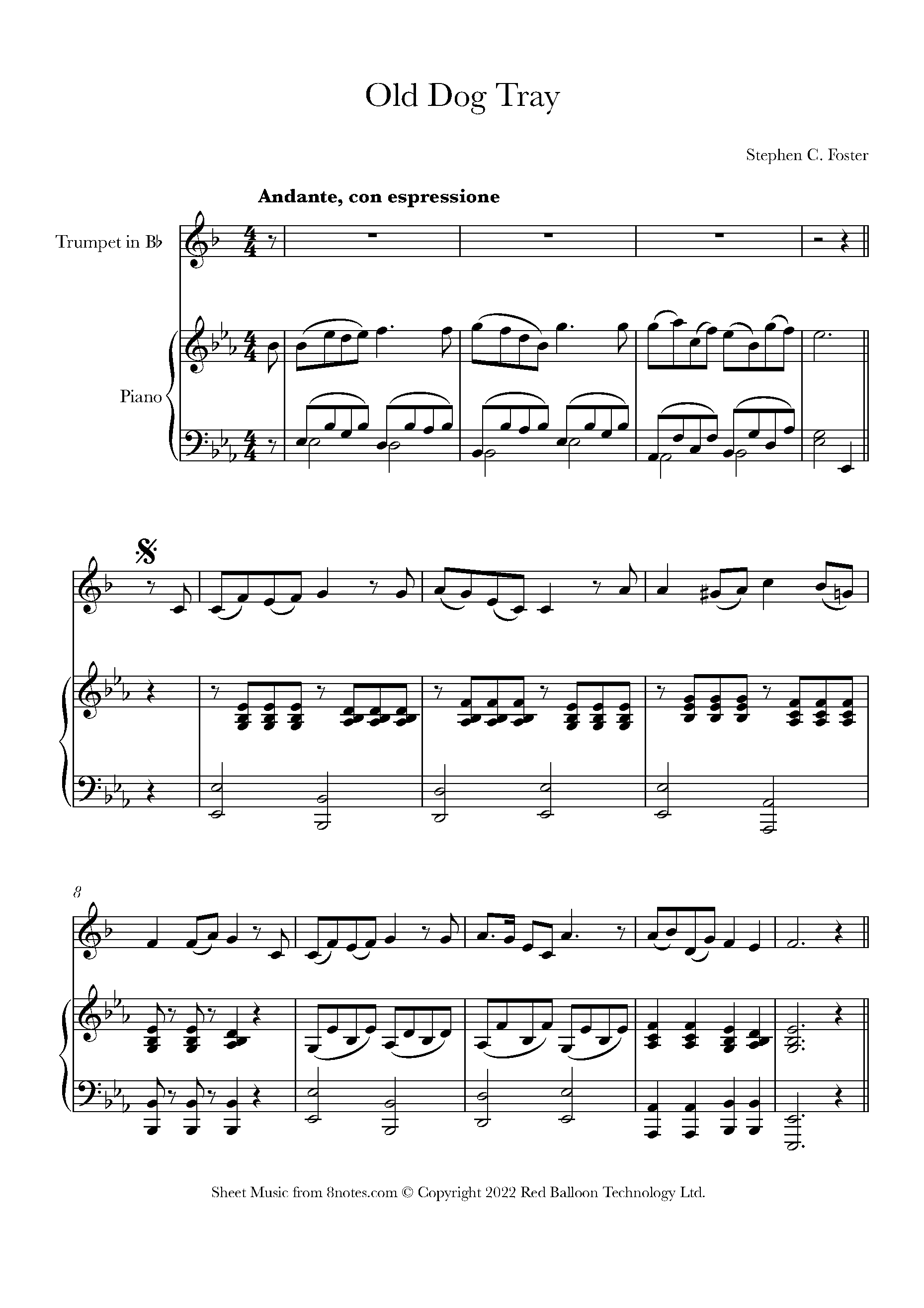 stephen-foster-old-dog-tray-sheet-music-for-trumpet-8notes