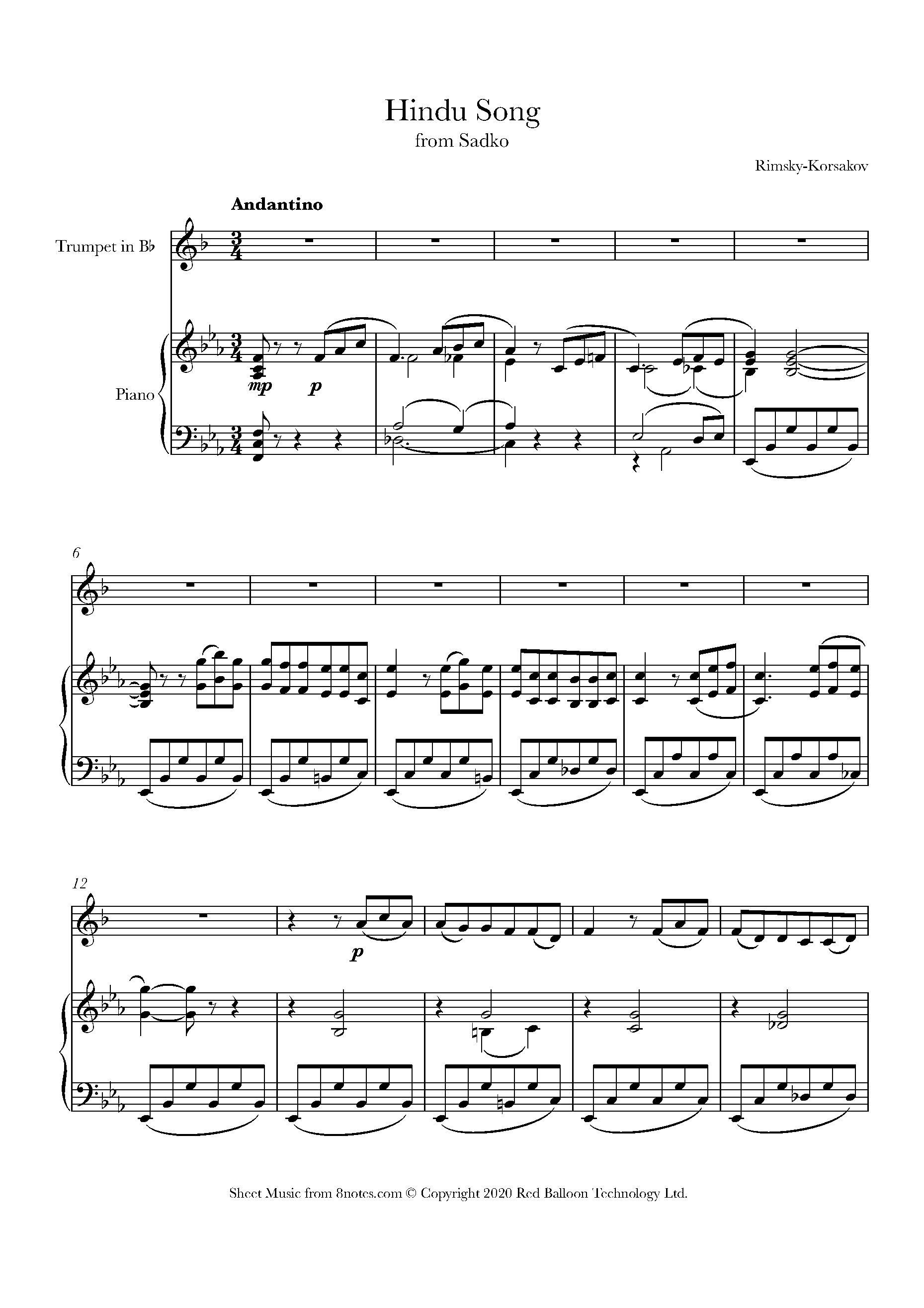 RimskyKorsakov Hindu Song from Sadko Sheet music for Trumpet