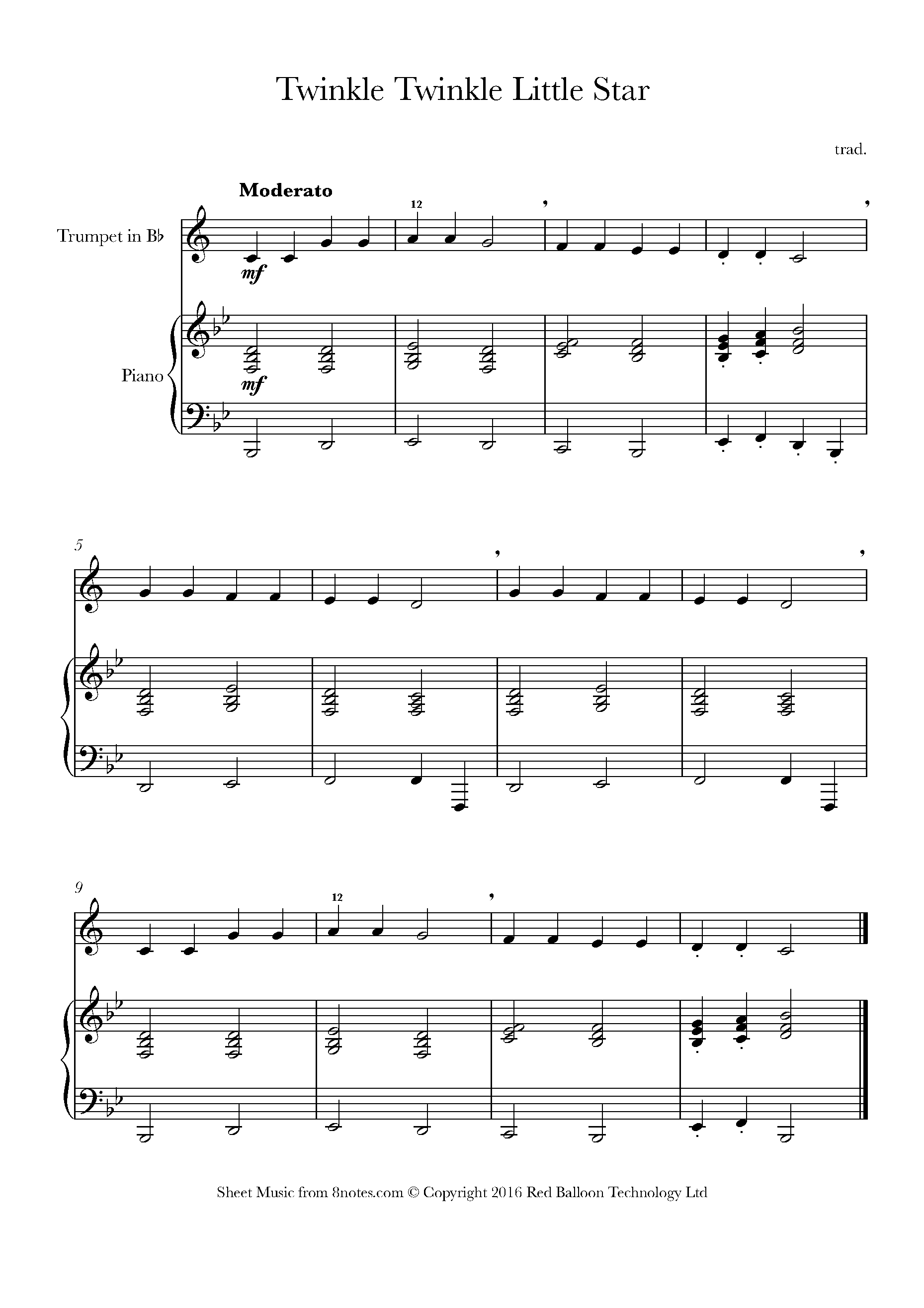 Twinkle Twinkle Little Star Sheet music for Trumpet - 8notes.com