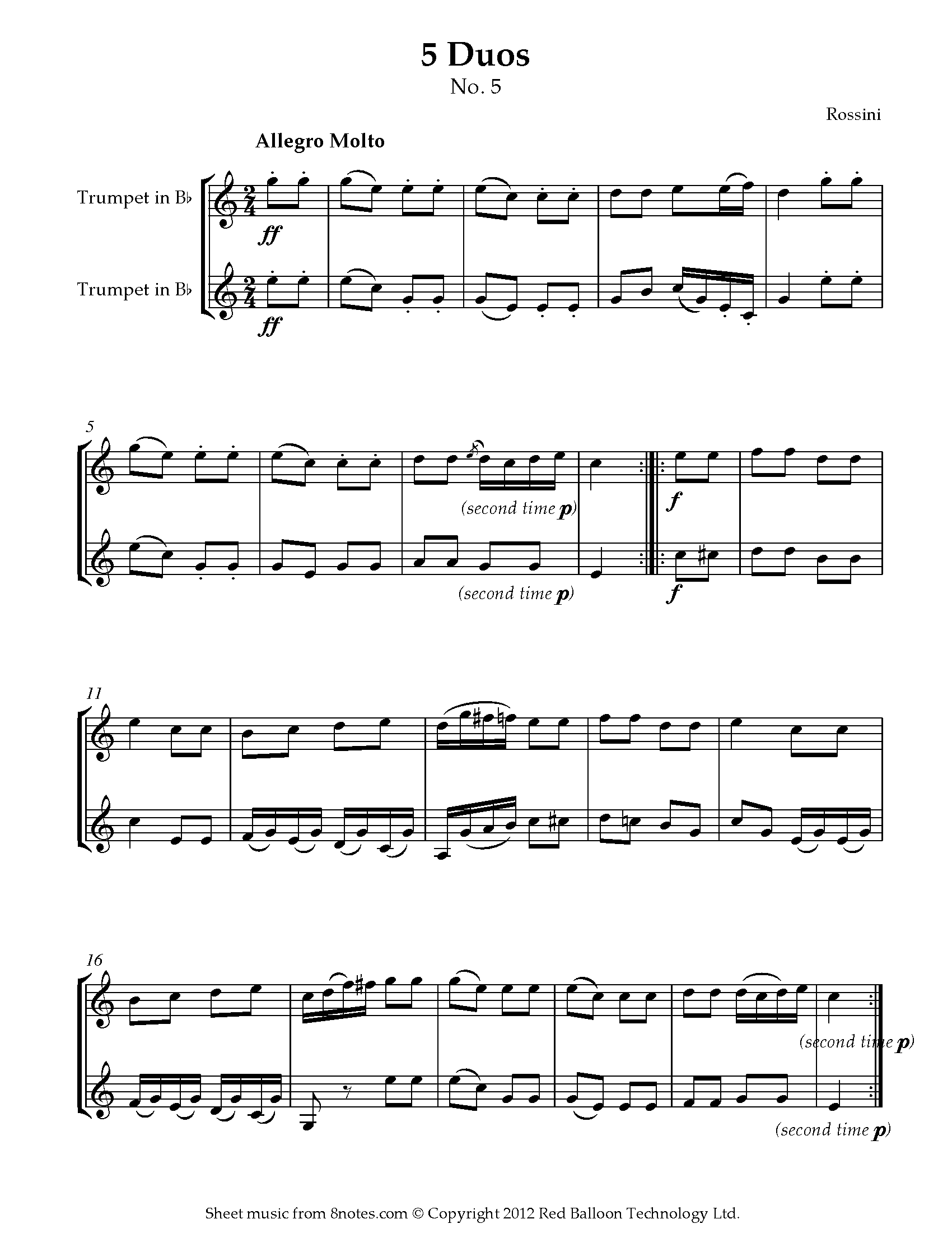 Rossini 5 Duos No.5 Allegro Molto Sheet music for Trumpet Duet