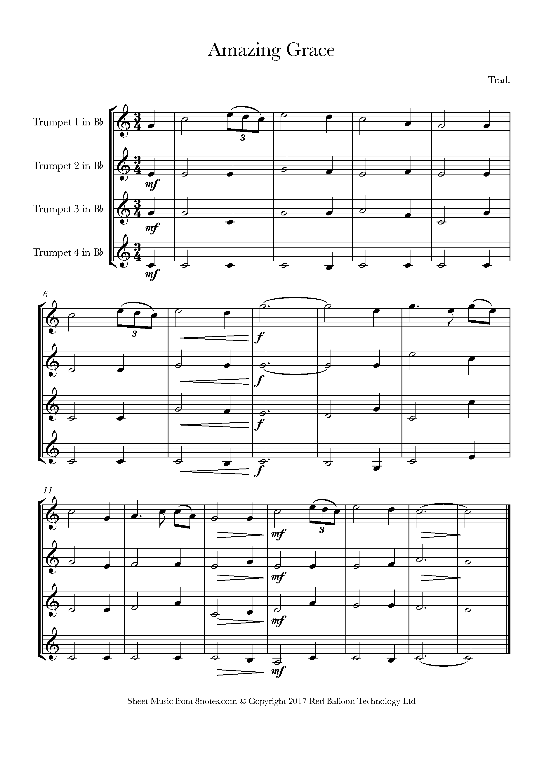 Amazing Grace Sheet music for Trumpet Quartet