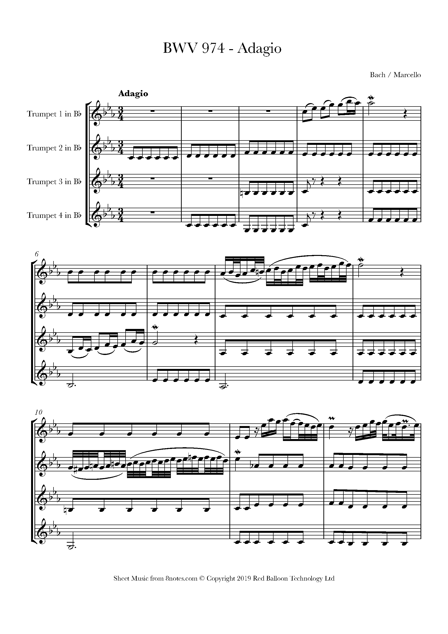 Bach BWV 974 Adagio (Bach/Marcello) Sheet music for Trumpet Quartet
