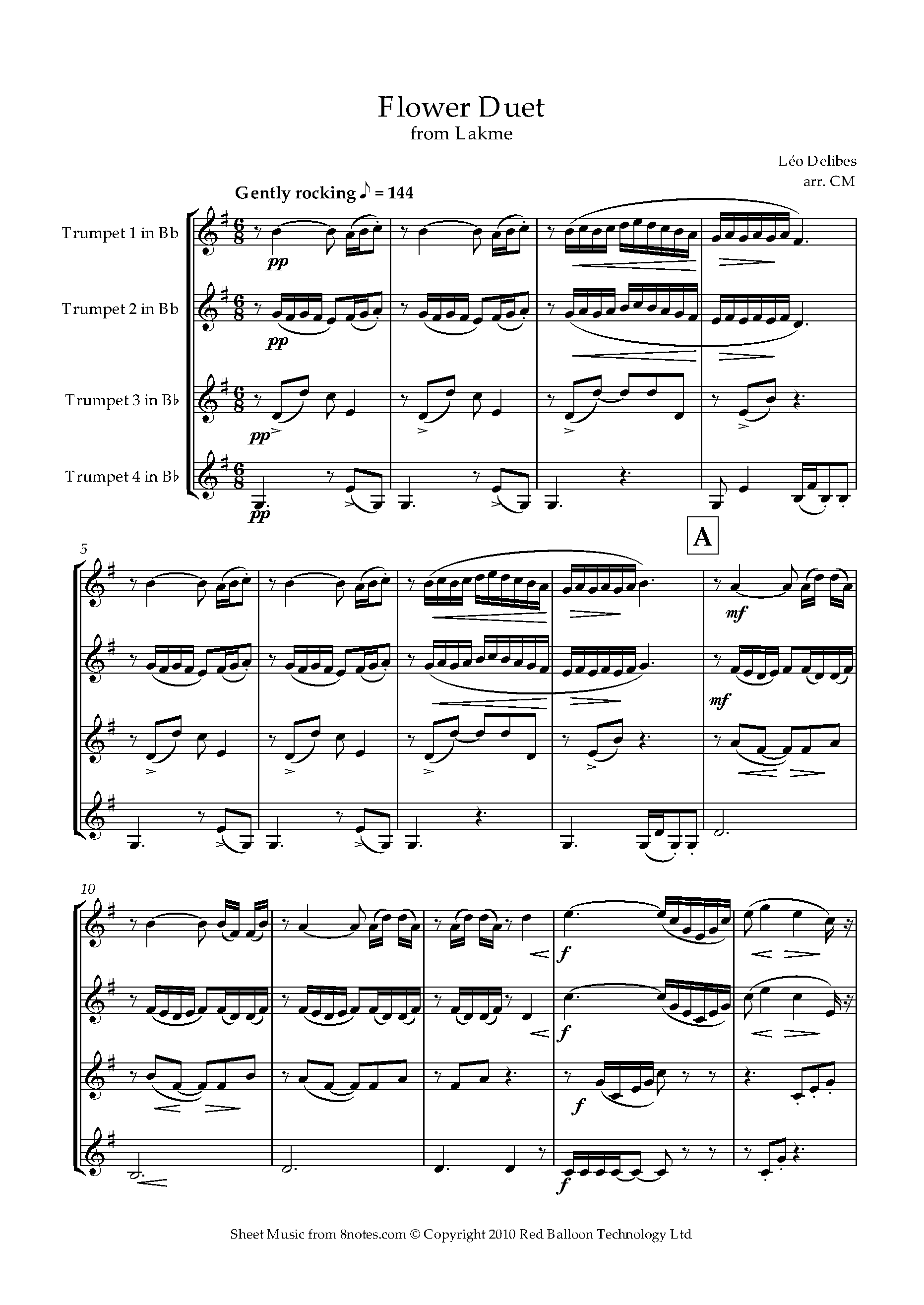 Delibes Flower Duet From Lakme Sheet Music For Trumpet Quartet 8notes Com