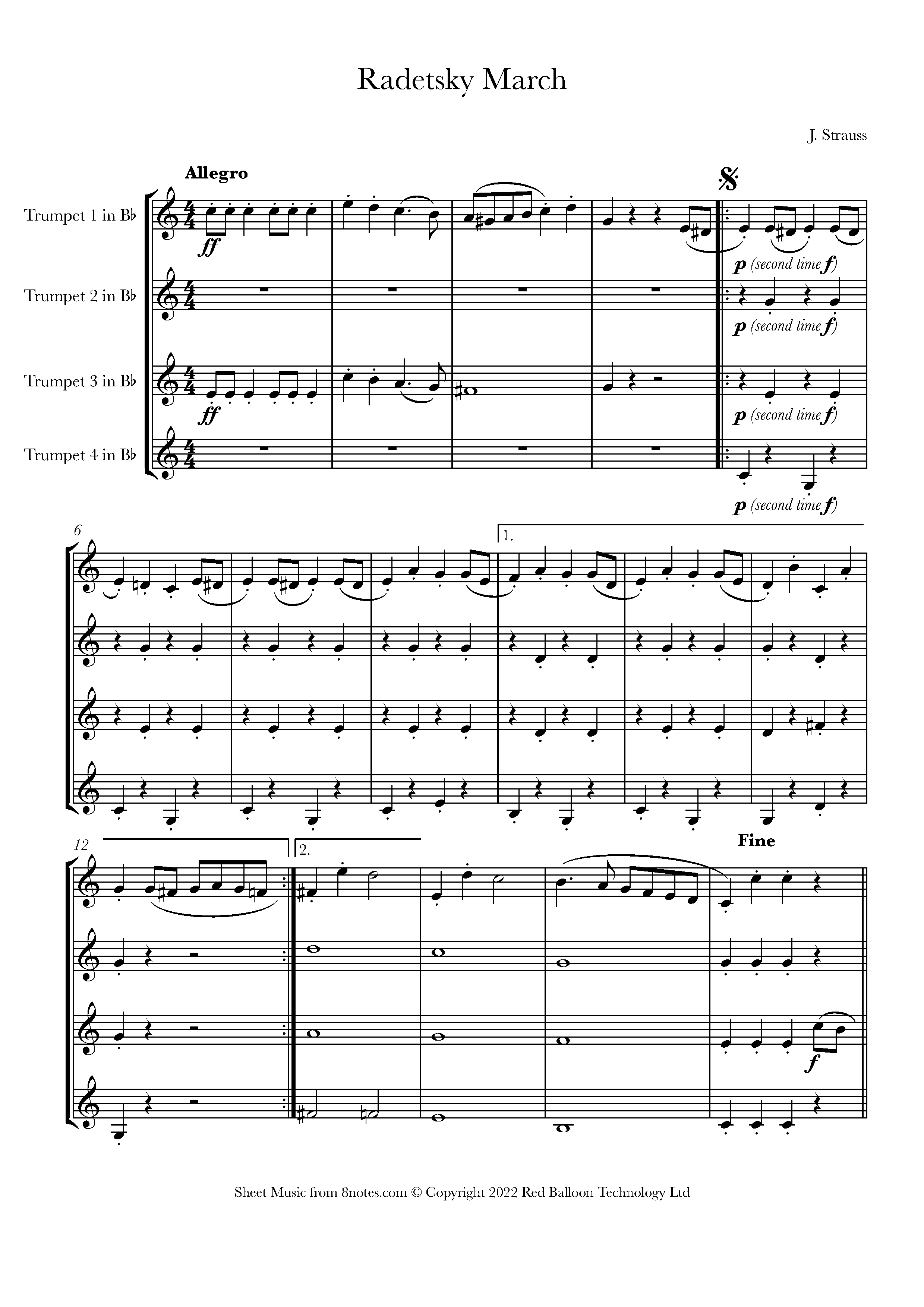 Strauss I - Radetsky March Sheet music for Trumpet Quartet - 8notes.com