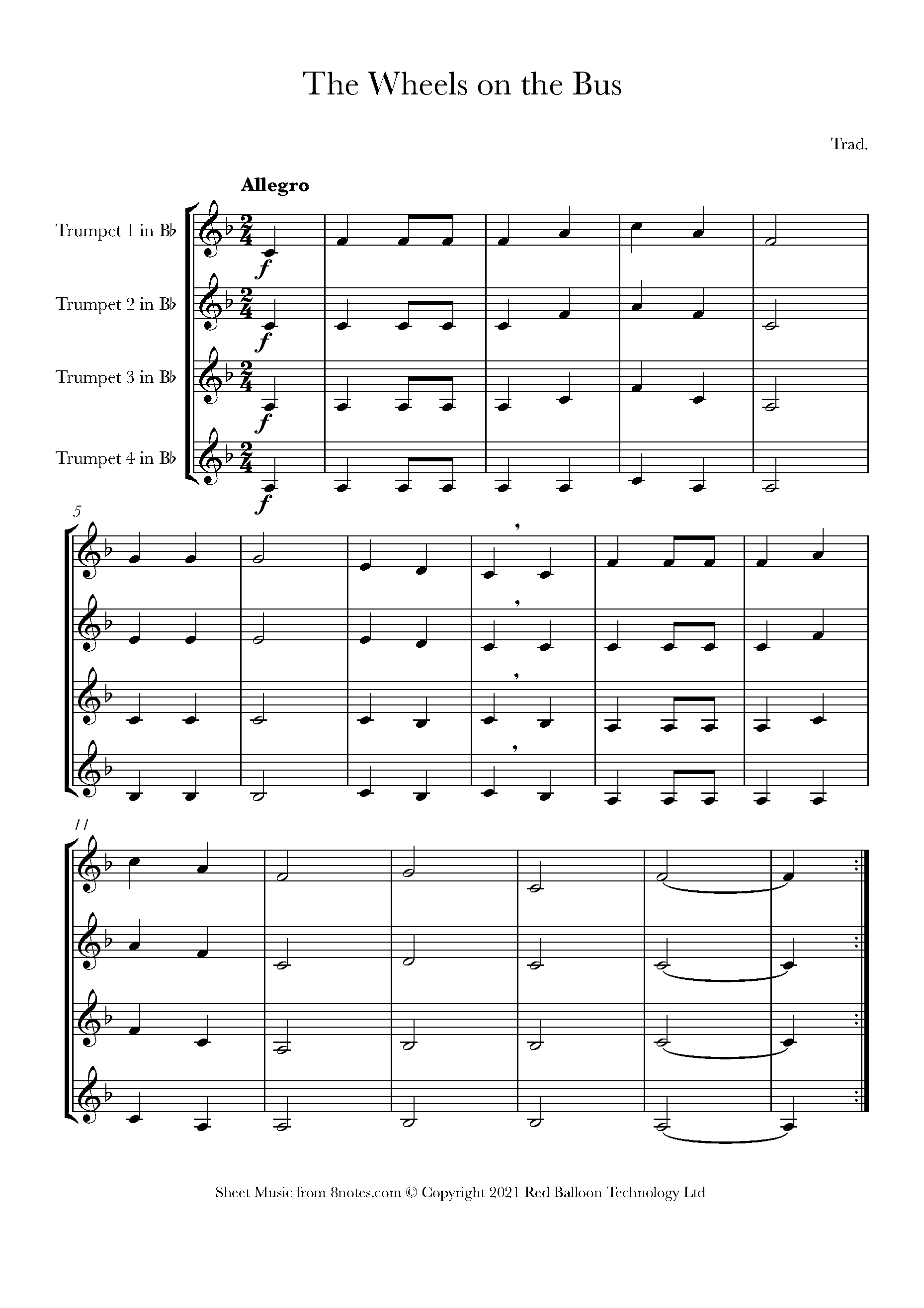 The Wheels on the Bus Sheet music for Trumpet Quartet