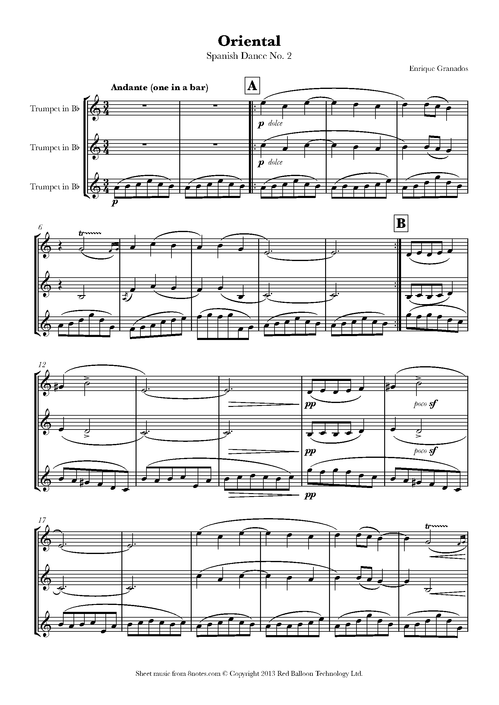 Granados Oriental Spanish Dance No. 2 Sheet music for Trumpet Trio