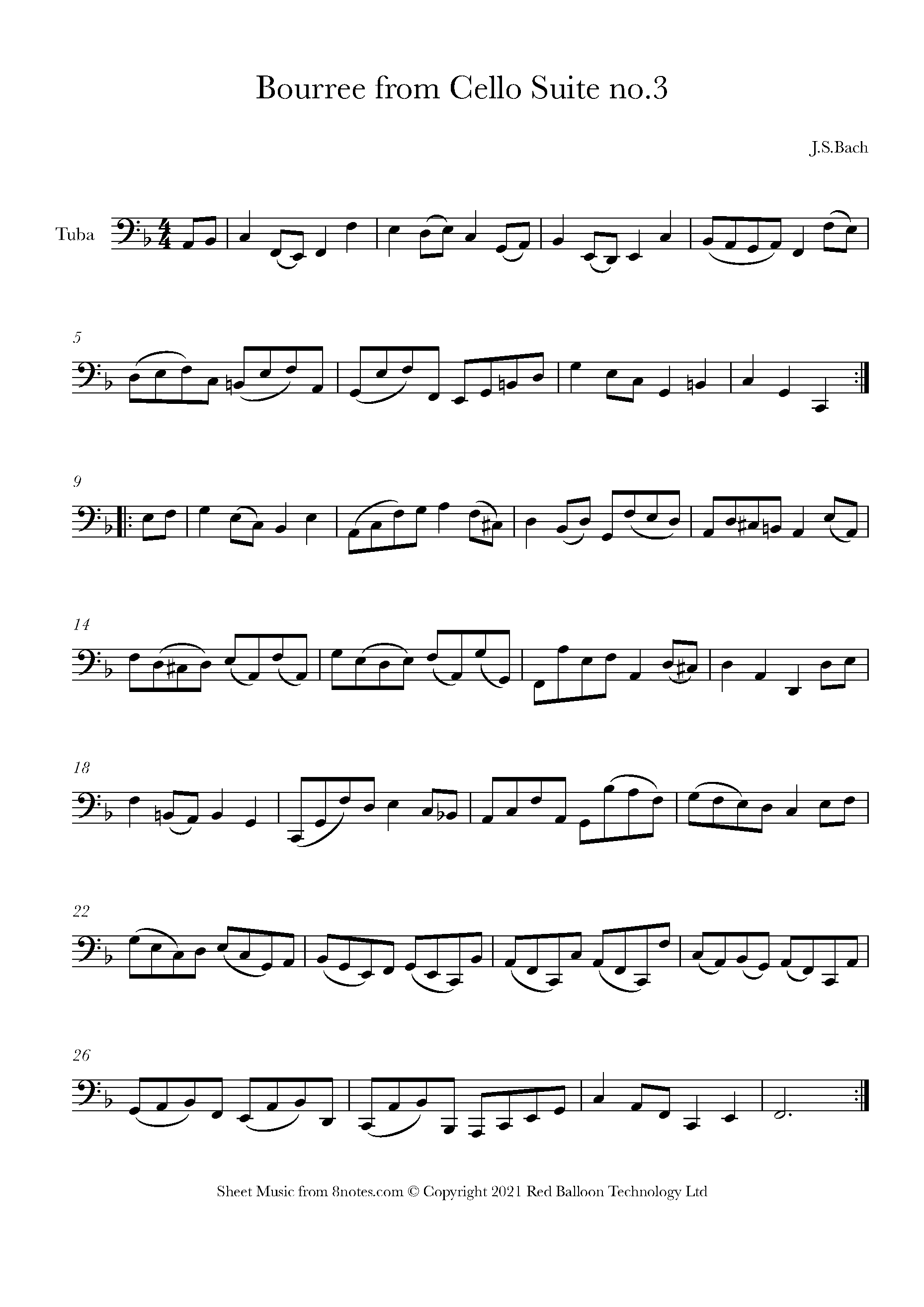 Email monster adventure Bach - Bourree from Cello Suite no.3 Sheet music for Tuba - 8notes.com