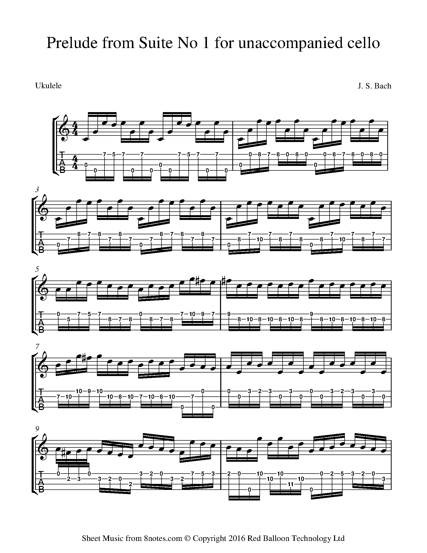 Bach Johann Sebastian Prelude from Suite no.1 for unaccompanied cello for Ukulele Free Sheet music for Ukulele 8notes